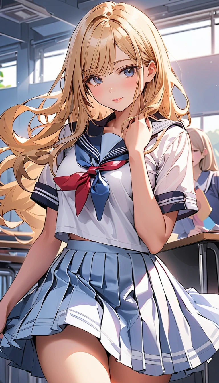 (((masterpiece, Highest quality, High resolution, 超High resolution, Pixel perfect, 4K, Beautiful Anime Women, Anime characters, , Exact finger count、Exact number of legs, Daytime lighting, Perfect lighting, Best Shadow, The best natural light, Perfectly balanced style, Perfect body, whole body, ((Kitagawa.Marine)), Blonde、long hair、cute, ((A woman is sitting on a chair with her skirt rolled up, Exposing light blue panties)), ((Fashionable white shirt, Navy blue sailor collar, Sailor suit, Navy pleated mini skirt:1.3), (セクシーでcute水色のパンティ, Light blue panties with lace trim around the edges, Detailed folds in panties), (Shiny satin side-tie light blue panties), (Confused expression:1.3), (School classroom, The back of the chair is behind your back, During class), From directly behind, (Uniform and precise skirt length, The skirt is rolled up:1.2), (Close up of ass in panties:1.2)
