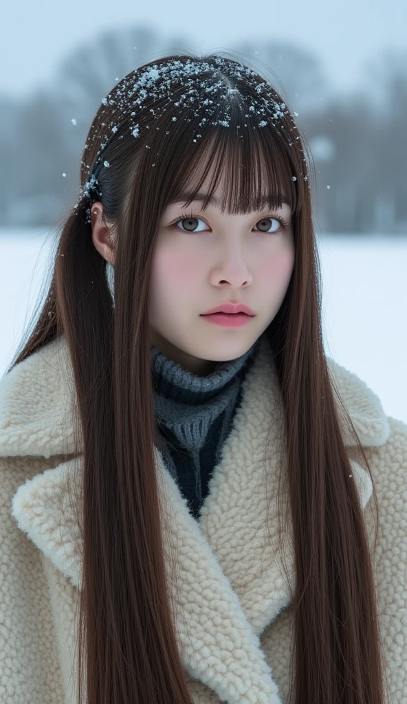 In this artistic illustration, a young girl with long silver hair and striking blue eyes stands amidst a serene forest setting. She is dressed in a dark outfit that contrasts with the natural surroundings, and her expression seems contemplative as she gazes off to the side. The forest around her is adorned with snow-covered trees and delicate cherry blossoms, creating a picturesque scene of tranquility and beauty.