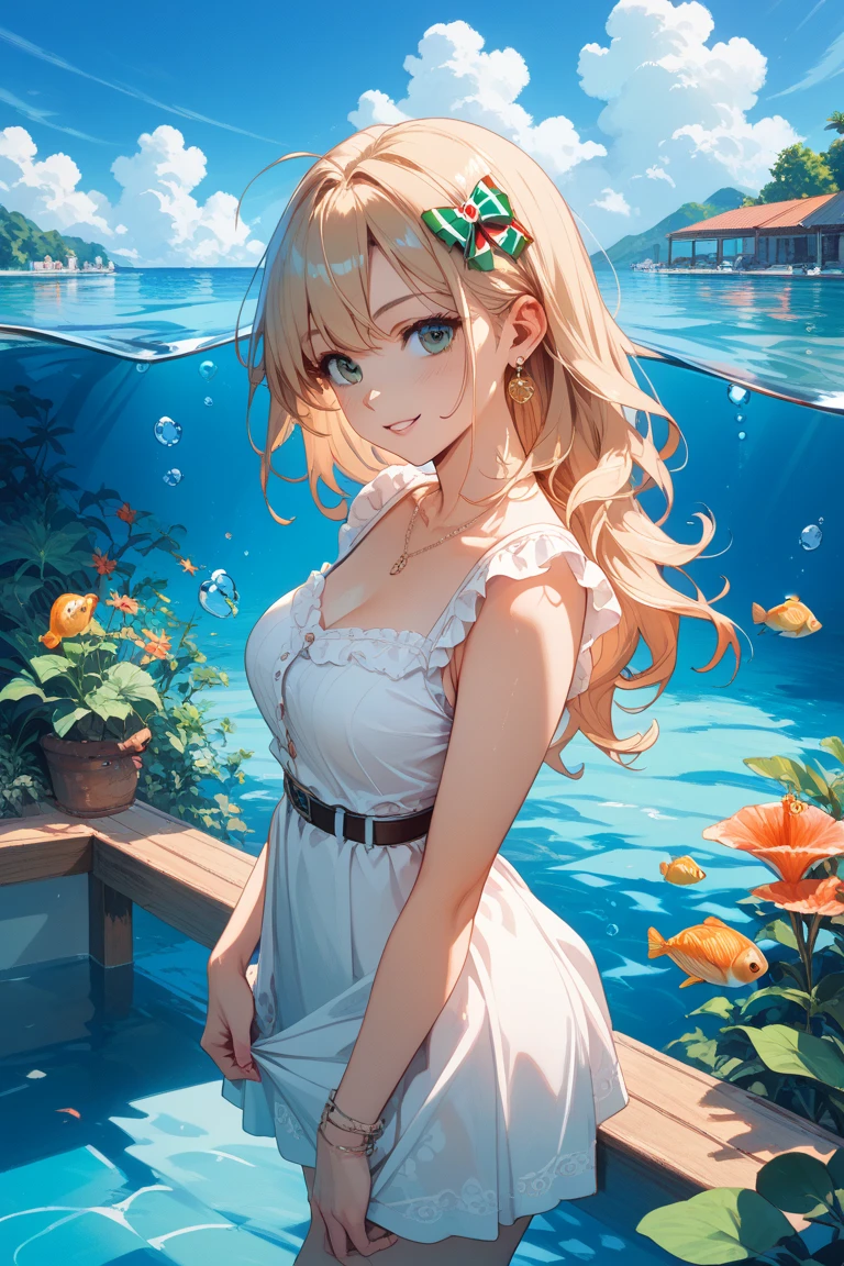 A beautiful girl in the style of a Disney princess attending a party at a luxurious resort. Draw a scene of her smiling and having fun by the pool or in the gardens of a beautiful resort, wearing an elegant dress
