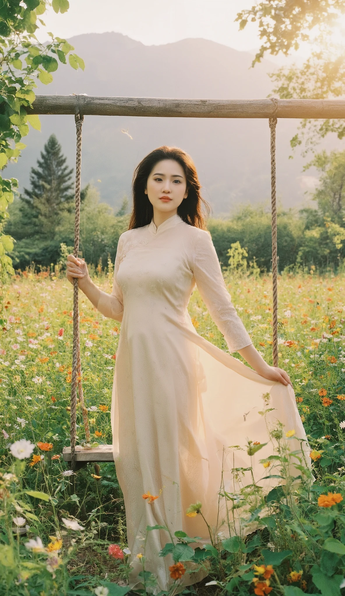 An incredibly realistic and cinematic photo of a beautiful Vietnamese woman standing gracefully near a wooden swing in a lush, sunlit meadow filled with colorful wildflowers. She is wearing a flowing pastel traditional dress (ao dai or elegant long dress) that flutters gently in the wind. Her long, silky black hair falls behind her, and she looks into the distance with a serene, dreamy expression. The golden sunlight filters through the leaves, creating a soft, warm glow. In the background, misty mountains and evergreen trees create depth and tranquility. Butterflies flutter gently in the air, adding to the natural beauty. The scene exudes peace, harmony, and quiet wonder. 8K cinematic lighting, super detailed, surreal, soft focus, professional photography.