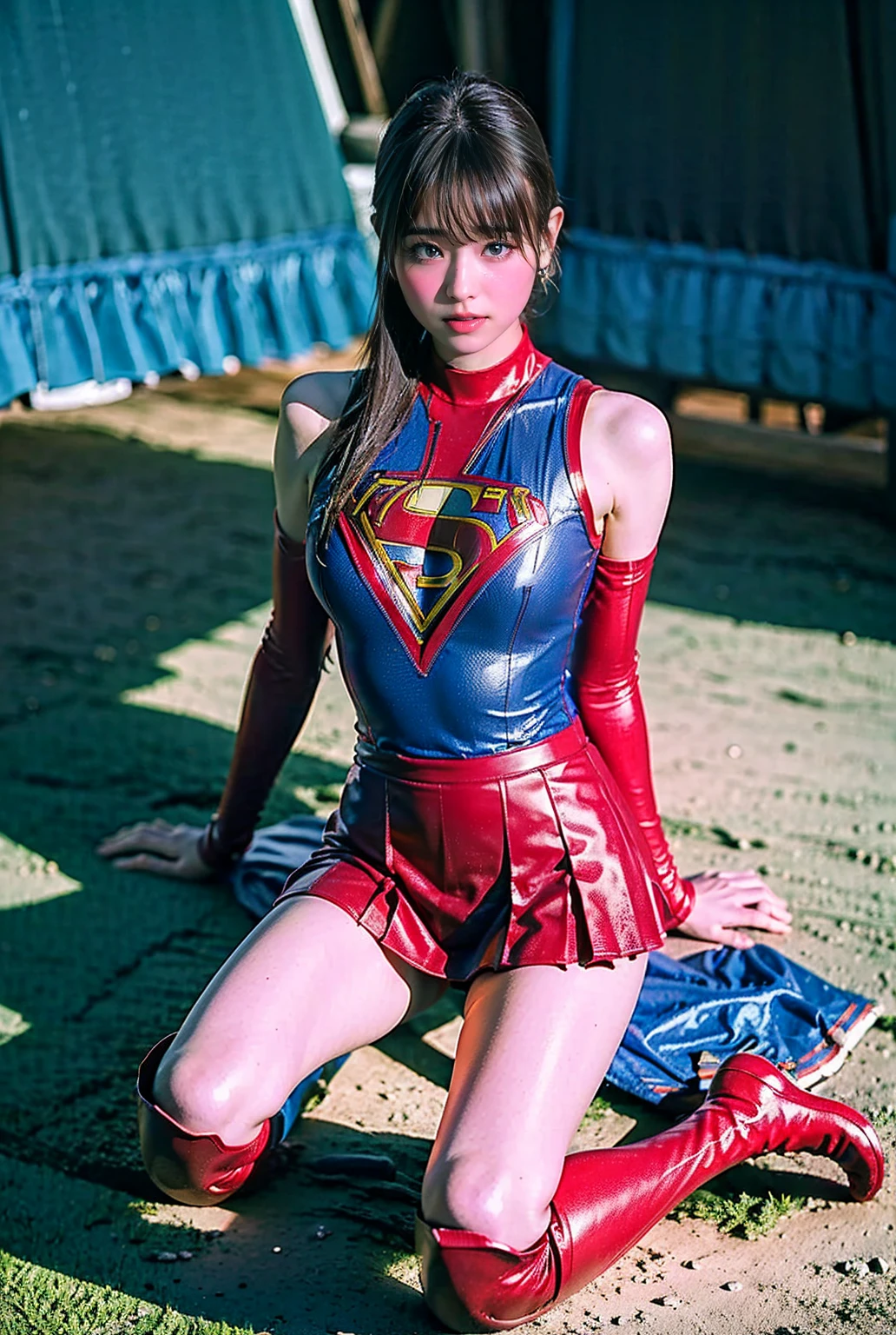 Wearing a Supergirl costume、Red Boots、Red Cape、Red Skirt、Standing posture、Black Hair、Blue clothes、Inner thighs