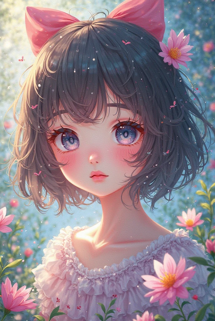 short girl, with black hair, blue eyes, White skin, freckled and vitiligo in anime