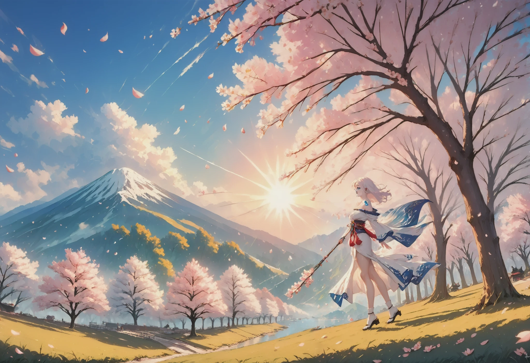 Jarael, alabaster white skin, blue tattoos, facial mark, blue lips, walking through a serene garden fullbof beautiful blossoming cherry blossom trees, cherry blossom, sakura petals falling from the trees and filling the air, atmospheric, wearing a kinomo, kimono off shoulders, bare leg, in profile, from side, evening, the setting sun shines through the trees and petals, sunlight illuminating her hair and silhouette, very detailed, cinematic, masterpiece