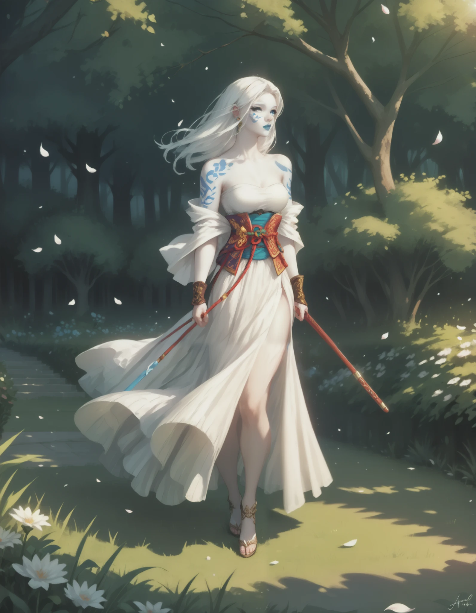 Jarael, alabaster white skin, blue tattoos, facial mark, blue lips, full body, walking through a serene garden, sakura petals falling from the trees, wearing a kinomo, kimono off shoulders, bare leg, in profile, from side, evening, the setting sun shines through the trees and petals, sunlight illuminates her hair and silhouette, very detailed, cinematic, masterpiece 