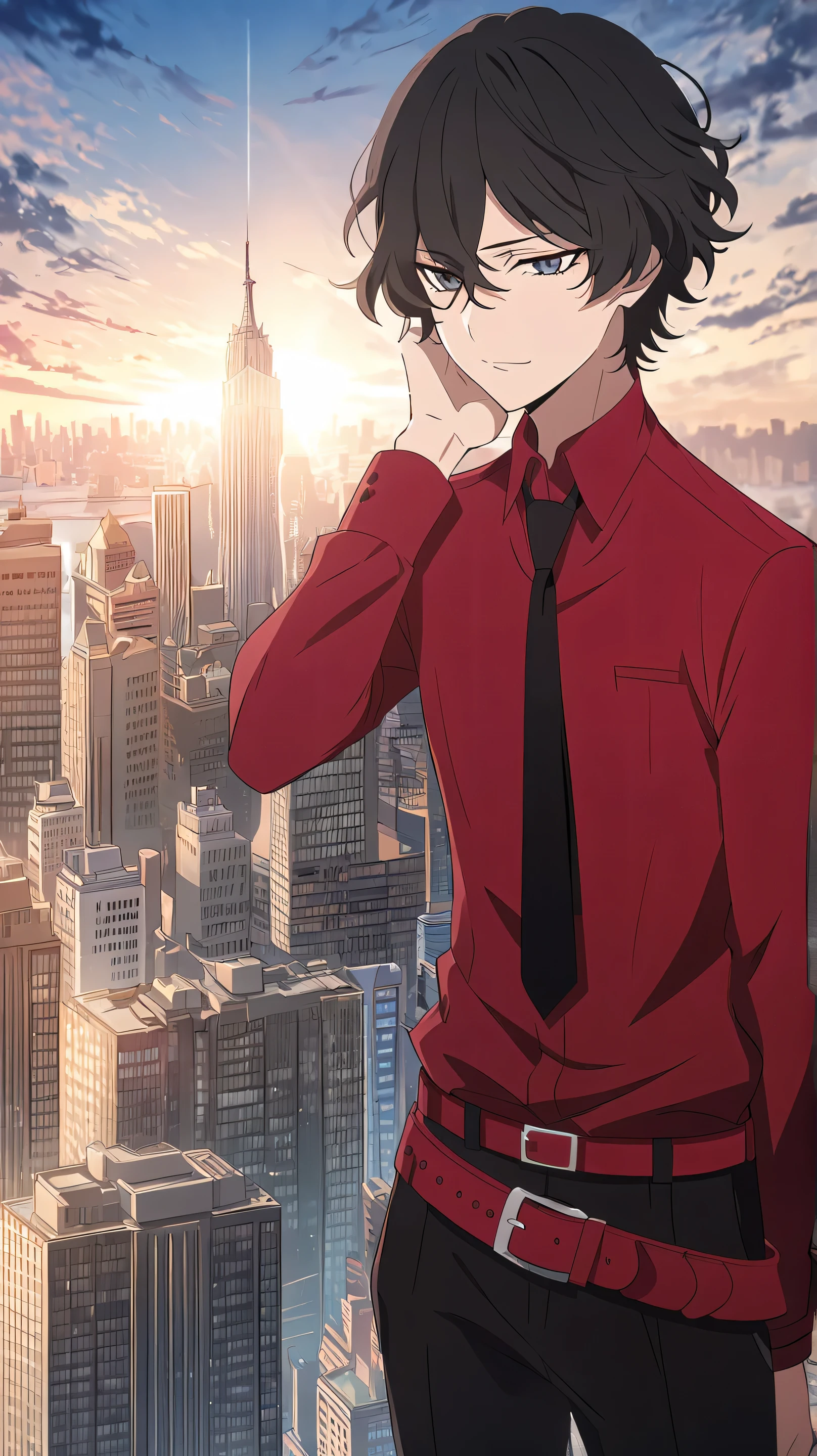 Anime Style, Male, Black hair, Red outfit(Red Shirt, Black Pants),Black tie, Red Belt, Bungo Stray Dogs Style, Handsone, Illustration, NewYork City Background, HD