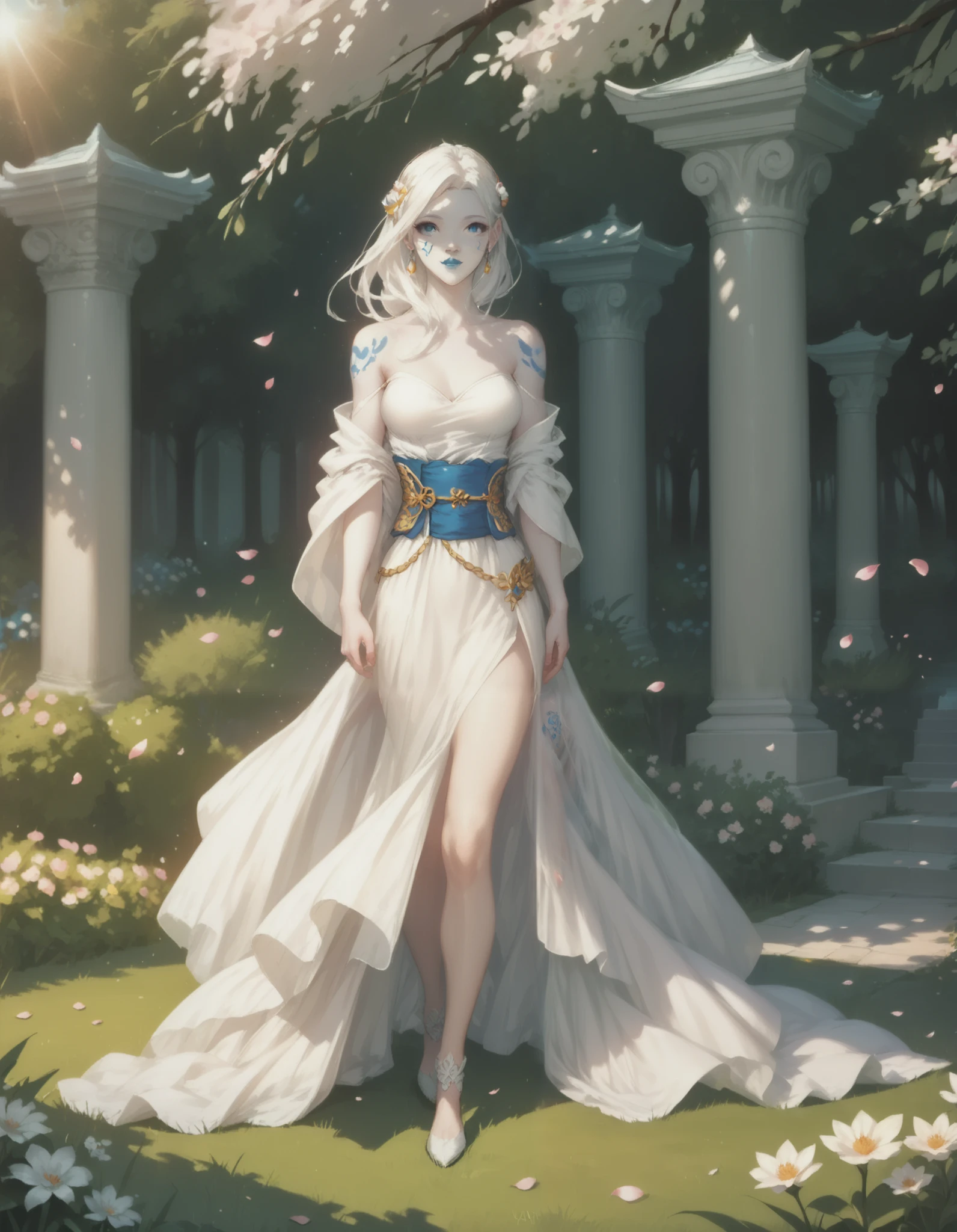 Jarael, alabaster white skin, blue tattoos, facial mark, blue lips, full body, walking through a serene garden, sakura petals falling from the trees, wearing a kinomo, kimono off shoulders, bare leg, in profile, from side, evening, the setting sun shines through the trees and petals, sunlight illuminates her hair and silhouette, very detailed, cinematic, masterpiece
