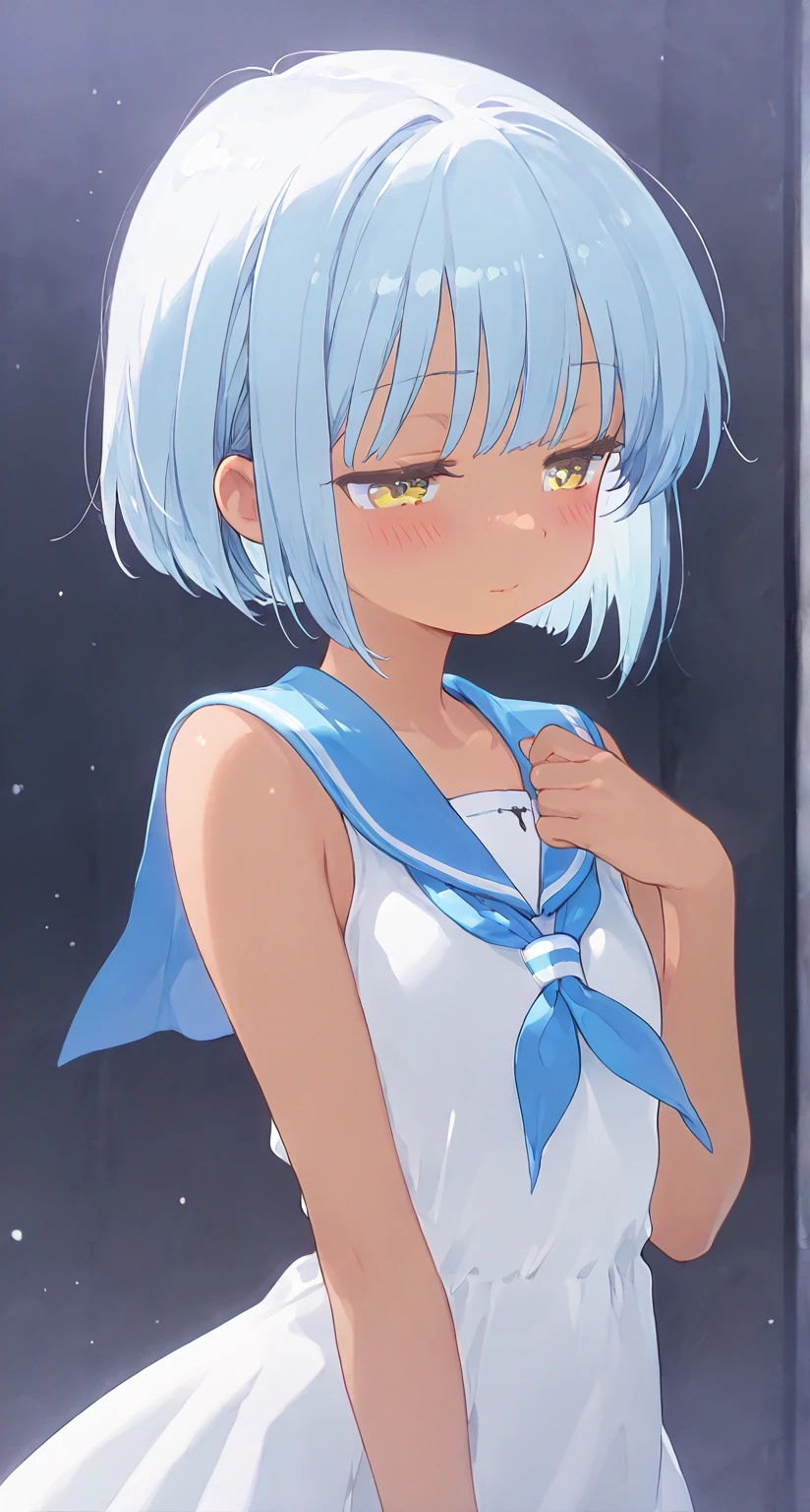 High resolution、Girl、Silver Hair、short hair、Fox Ears、blue eyes、Slender、Small breasts、Ocean,Sailor suit,、On board,summer,7moon,Sweat,blue sky