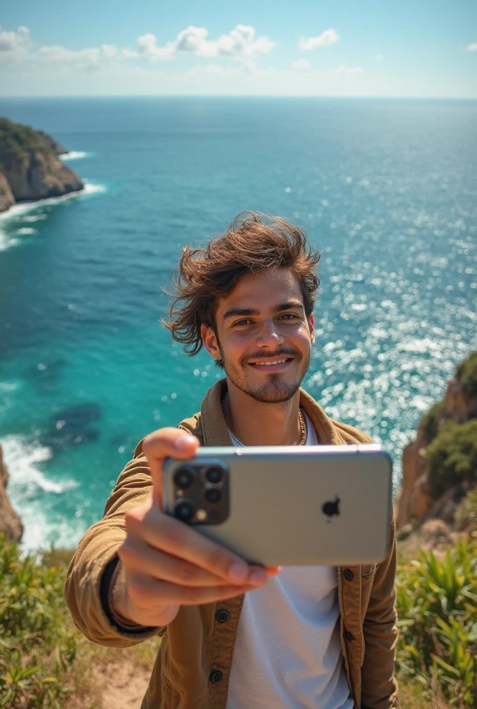 (photorealism:1.2), beautiful 30 years old man, Brown hair, fit, sweat, selfies, beach
