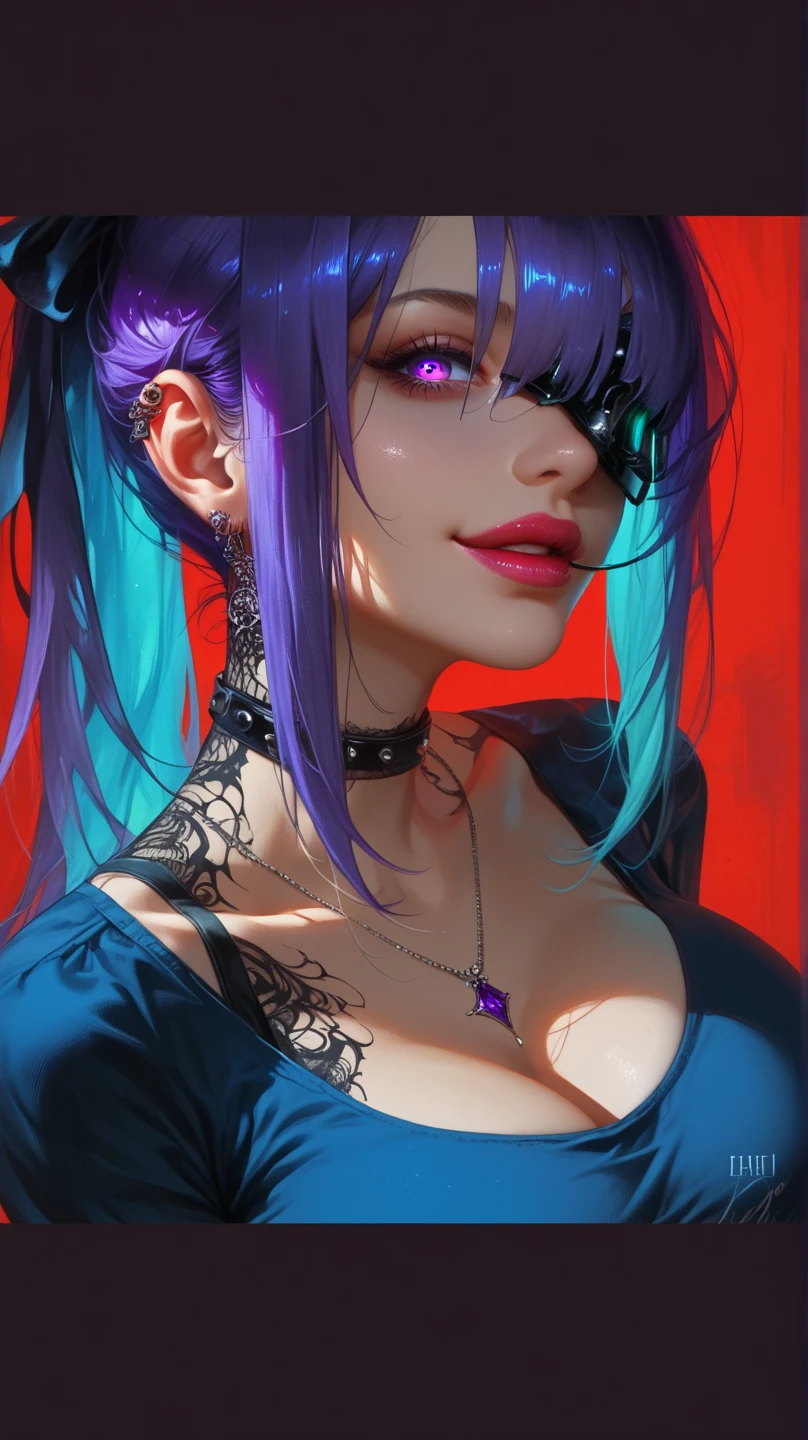 (best quality:1.2),ultra-detailed,(realistic:1.37),long-haired woman,purple hair,sexy,formal suit,multi-colored hair,purple hair with blue and pink highlights,multicolored purple and pink eyes,big breasts,office setting