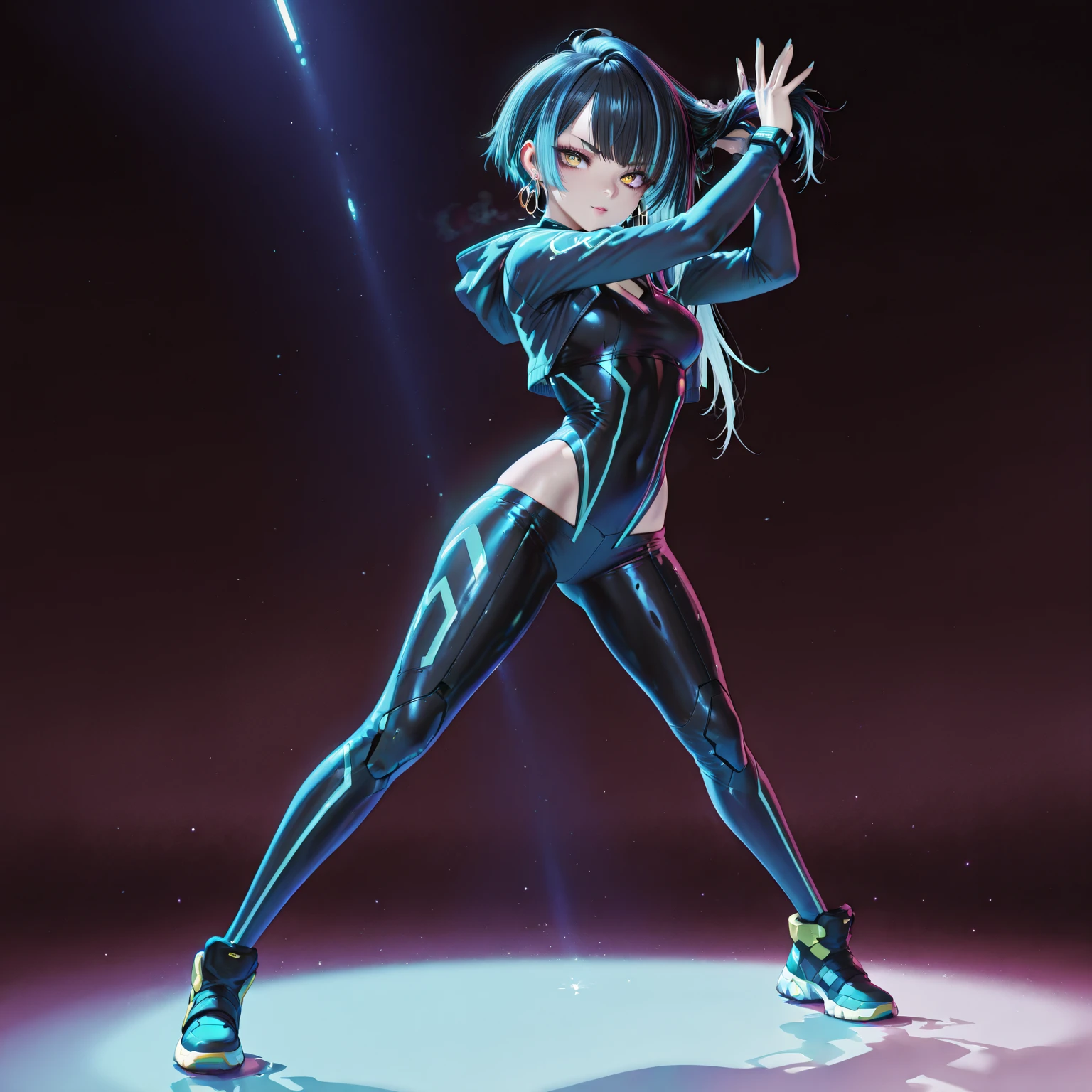 ((Best quality)), ((masterpiece)), ((highly intricate details)),beautiful, high quality, highres, absurdres, light difussion, intricate details, complex details, ((anime)), (anime:1.2) , (perfect face:1.3),colorful, highest detailed, vibrant colors, high contrast, (8K UHD:1.2), (photorealistic:1.2),(masterpiece:1.4), (best quality:1.4),extremely detailed wallpaper, highly detailed illustrations,(super-complex details) , 4K unified, (super-detailed CG: 1.2) , (8K: 1.2),(original), (masterpiece) , (best quality) , (reality: 1.3) , photorealistic, Octane rendering, (surreal: 1.2) ,((masterpiece:1.4, best quality:1.2)),1girl with sharp teeth, visible when a mischievous smile forms on her lips. She wears a tank top with a black jacket and pants, exuding an aura of mystery and power. Her short black hair is messy, adding a scruffy, wild look. His eyes, an intense white without the presence of a retina, emanate an unearthly sensation. Deep dark circles stand out on her pale skin, evidencing her tired and haunted appearance, ((night)), simple background, Dark black background, realistic, full entire body fun pose, render of a cute anime girl, modeled in poser
