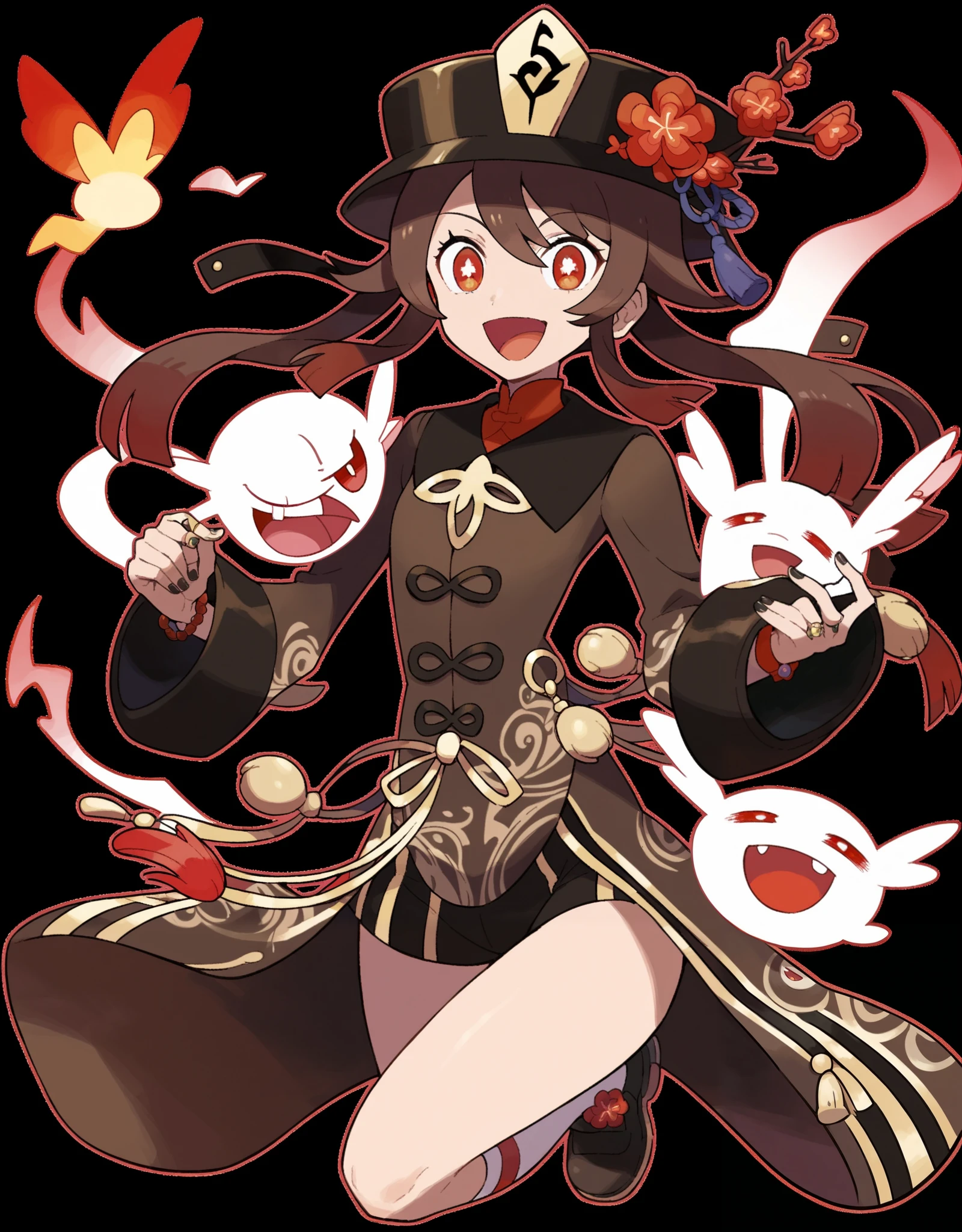 score_9, score_8_up, score_7_up, Hu Tao, pokemon pokemon_(anime) pokemon_journeys pokemon_sv pokemon_bw2 1girls score_9, score_8_up, score_7_up, pokemon pokemon_(anime) pokemon_journeys pokemon_sv pokemon_bw2 1girl, from belowAnime girl, long dark brown hair, crimson tips, red eyes, black hat, red flower, gold emblem, Chinese-inspired outfit, red and gold patterns, ghostly flames, spectral energy, moonlit mist, playful, mysterious, ghosts, full body