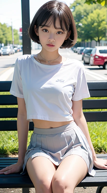 (best quality,hyper-realistic,ultra-detailed,8k), ager, fifteen years old, shy, sad, paleness, big blue eyes, very white skin, small nose, short brown hair with bangs, melancholy, delicate, feminine, skinny, elegant school uniform, boulevard, Paris.
