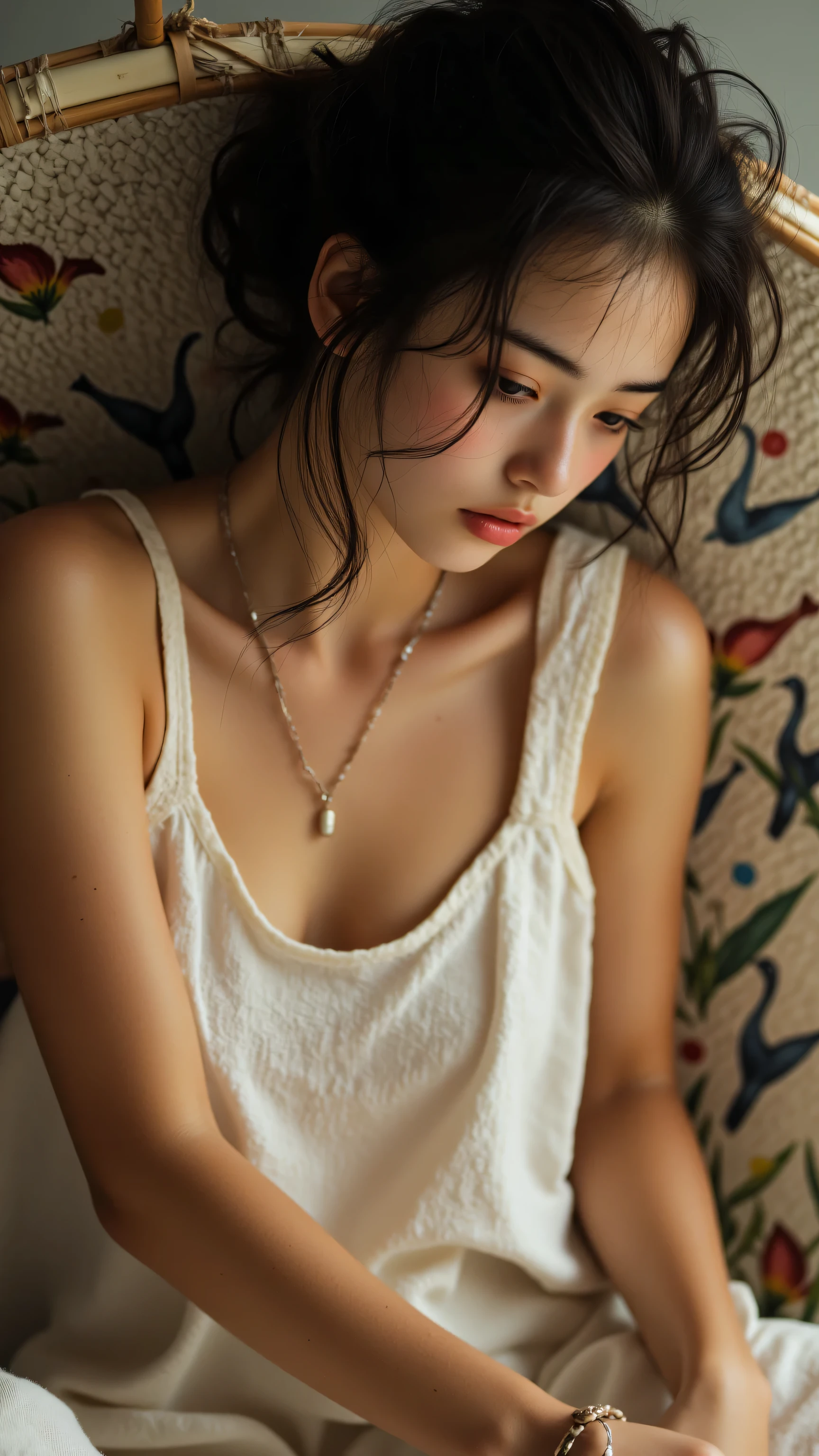 8k, Masterpiece, Top Quality, Close-up, serene, tan skin, dark hair, loose updo, off-white, sleeveless, halter-neck, lightweight, sheer, loosely drapes, woven basket, natural materials, bamboo, rattan, painted, stylized birds, plants, muted tones, artistic, traditional, serene expression, downward gaze, soft diffused lighting, gentle mood, necklace.