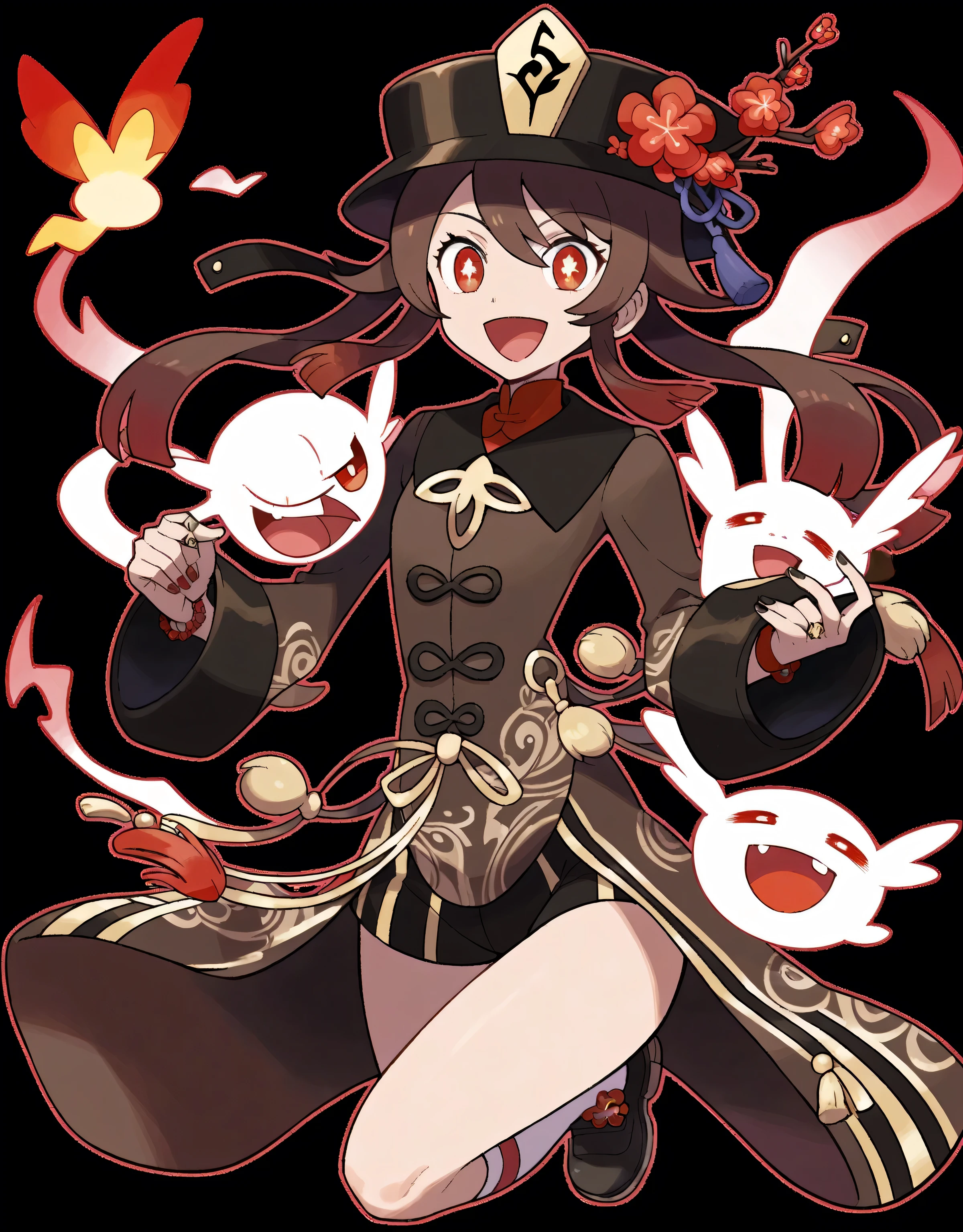 score_9, score_8_up, score_7_up, Hu Tao, pokemon pokemon_(anime) pokemon_journeys pokemon_sv pokemon_bw2 1girls score_9, score_8_up, score_7_up, pokemon pokemon_(anime) pokemon_journeys pokemon_sv pokemon_bw2 1girl, from belowAnime girl, long dark brown hair, crimson tips, red eyes, black hat, red flower, gold emblem, Chinese-inspired outfit, red and gold patterns, ghostly flames, spectral energy, moonlit mist, playful, mysterious, ghosts, full body