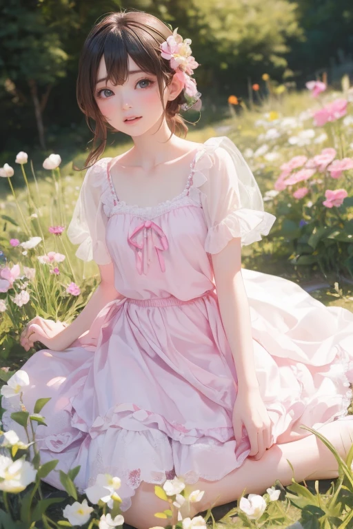 cute little fairy pink wings fairy wings pink hair pointy ears flower crown flower dress lots of flowers leaves standing on a big flower