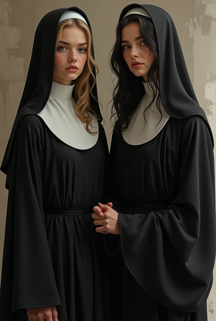 BLACK widow woman in mourning with young white nun at her side