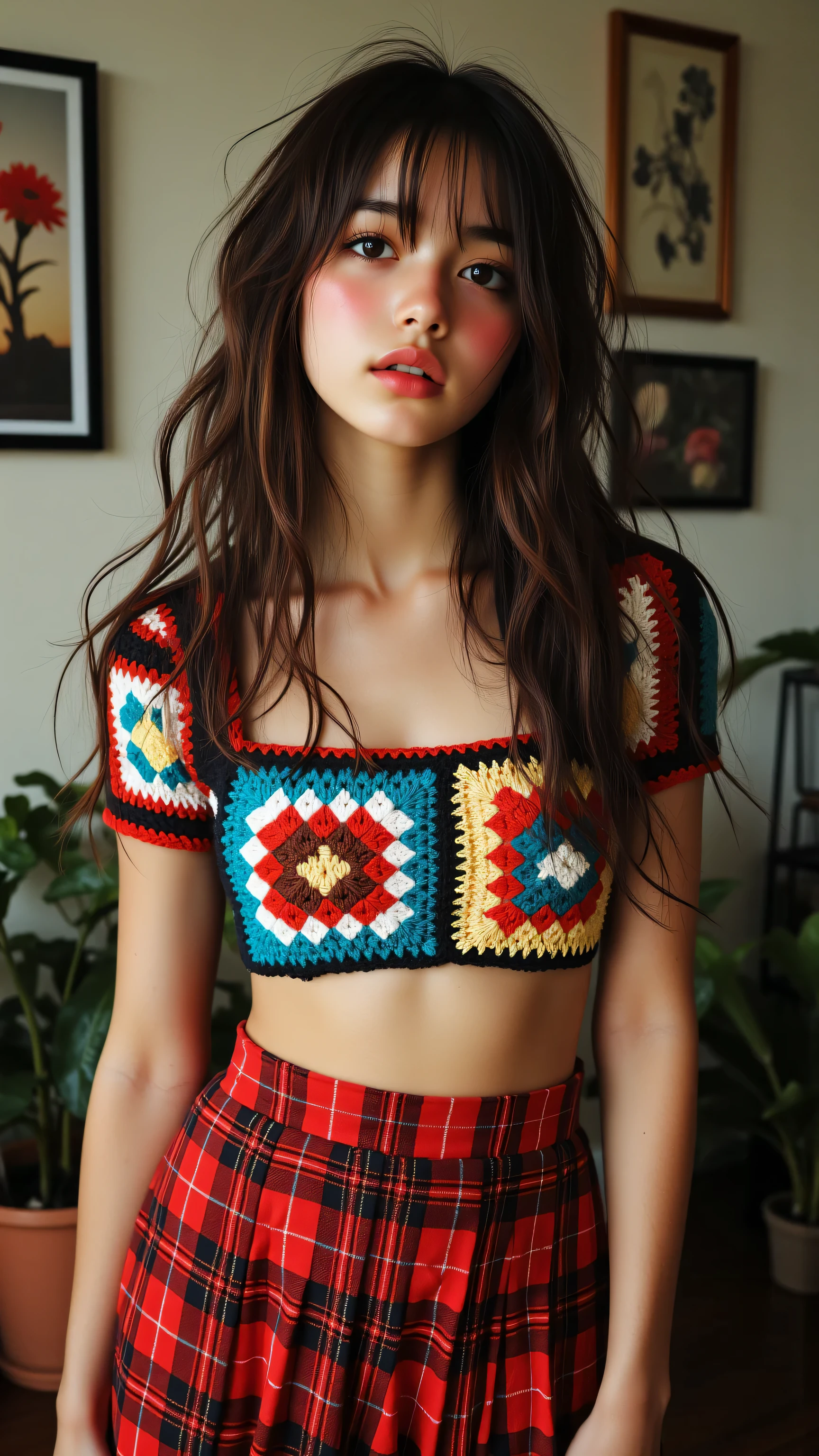 8k, Masterpiece, Top Quality, Three-quarter view, youthful,  long wavy brown hair, light skin, blush, dark eyes, full lips, colorful crocheted crop top, granny square pattern, red plaid pleated skirt, relaxed pose, framed artwork, muted background, potted plants.