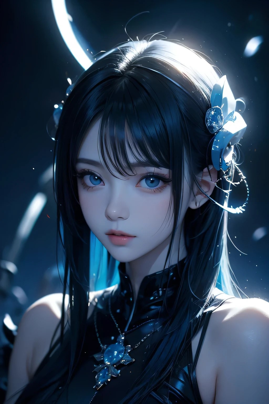 Girl, alien, blue skin with details, cute black eyes, dark blue hair, pretty, cute, attractive, cinematic setting, cinematic pose, model pose.