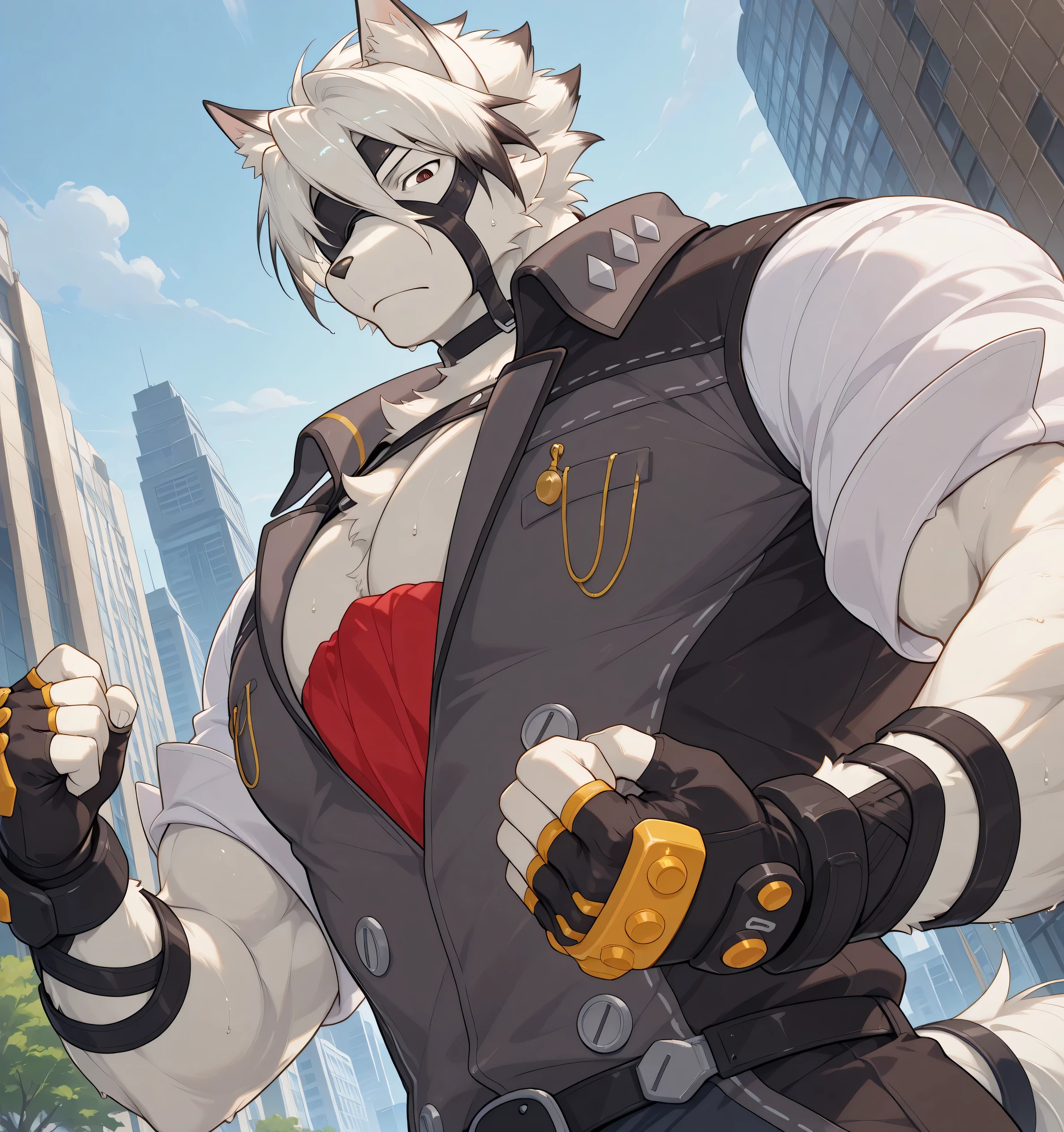 detailed background, low view, city, dutch angle, direct front view, upper body shot, solo BREAK score_9_up,score_8_up,score_7_up,score_6_up,score_5_up,score_4_up BREAK kemono, bara, furry, 1boy, Lycaon, white fur, white hair, animal ears, tail, eye patch, red eyes, male, ripped clothing, huge muscular, male, broad chest, broad shoulders, thick arms, thick legs, macro, posing, bedroom eyes, serious, sweaty, pulling his suit and ripping it apart into shreds with his hands, looking at viewer