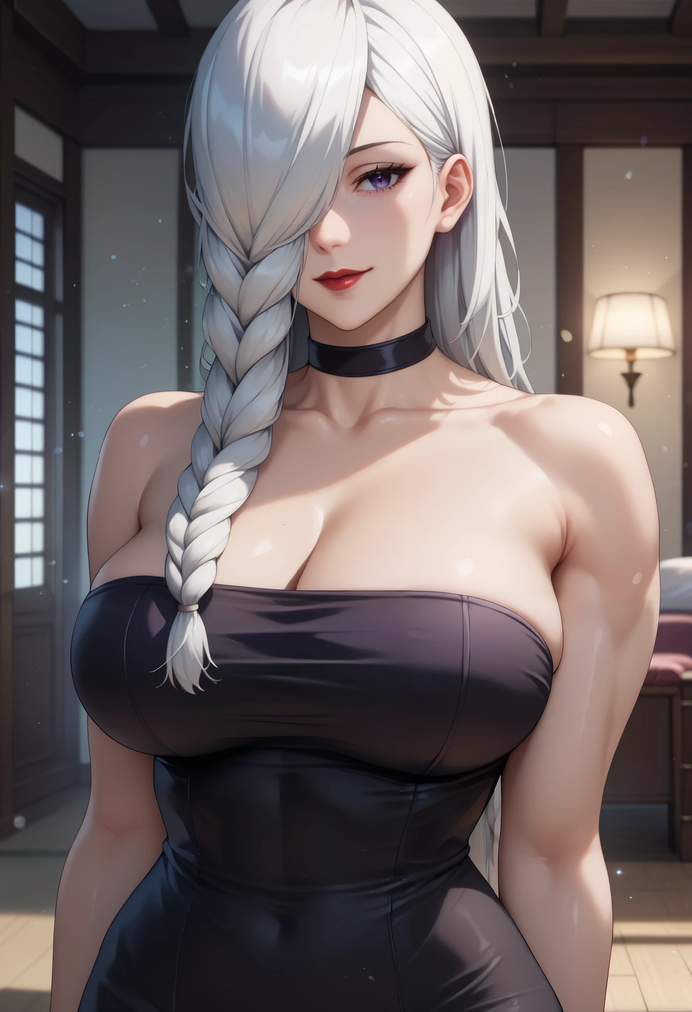 score_9,score_8_up,score_7_up,score_6_up,score_5_up,score_4_up BREAK skinny, big breasts, shiny skin,bokeh,bloom, indoors,light particles, bedroom, 1girl, ((clear eyes)), Mei Mei, (((long hair,white hair,braid,hair over one eye))), pale skin, purple eyes, medium lips, red lips, mature female, ((perfect model body)),((black dress, deep neckline, black choker)), wide hips, model pose, posing, sexy smile, extremely muscular arms
