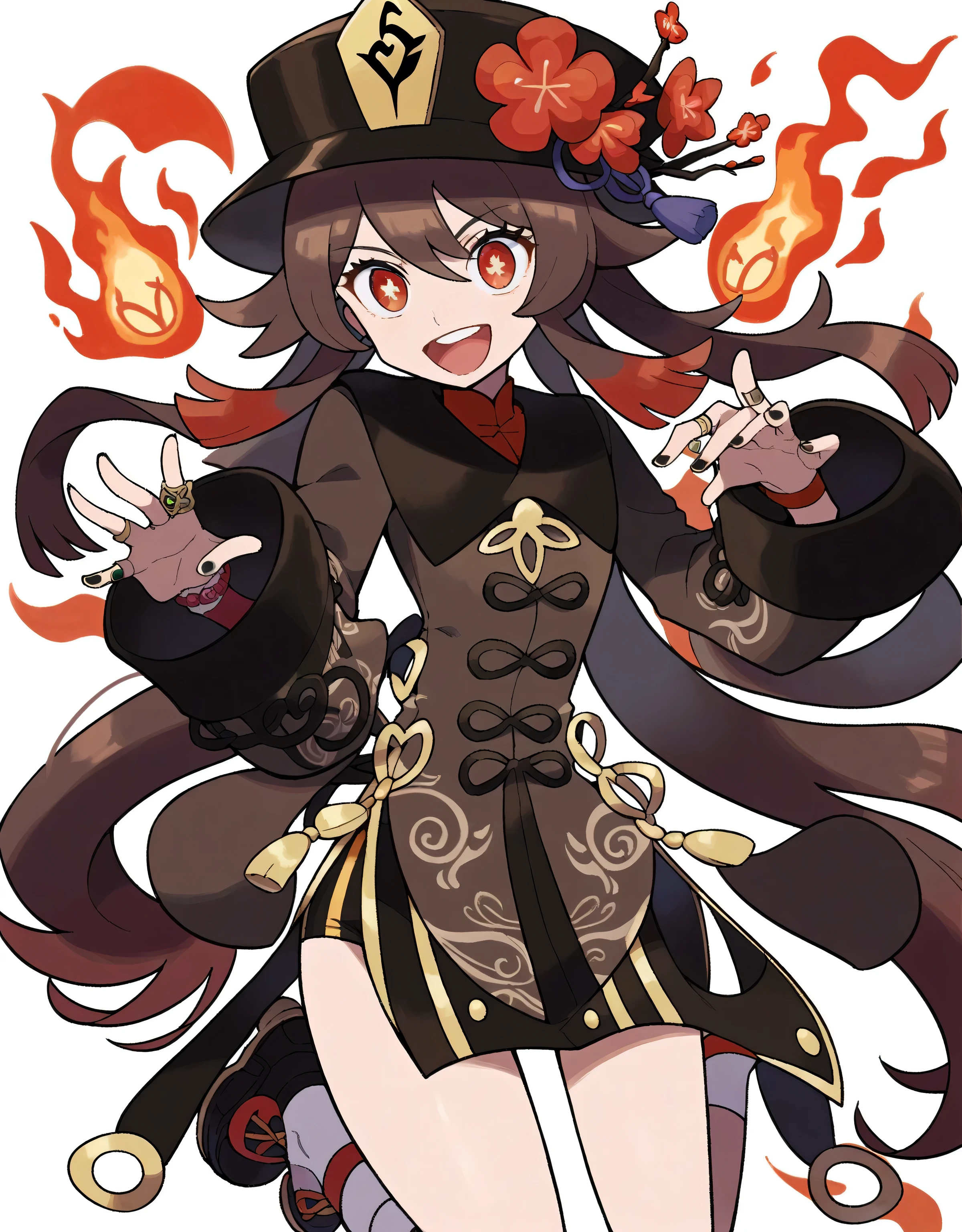 score_9, score_8_up, score_7_up, Hu Tao, pokemon pokemon_(anime) pokemon_journeys pokemon_sv pokemon_bw2 1girls score_9, score_8_up, score_7_up, pokemon pokemon_(anime) pokemon_journeys pokemon_sv pokemon_bw2 1girl, from belowAnime girl, long dark brown hair, crimson tips, red eyes, black hat, red flower, gold emblem, Chinese-inspired outfit, red and gold patterns, ghostly flames, spectral energy, moonlit mist, playful, mysterious, ghosts, full body