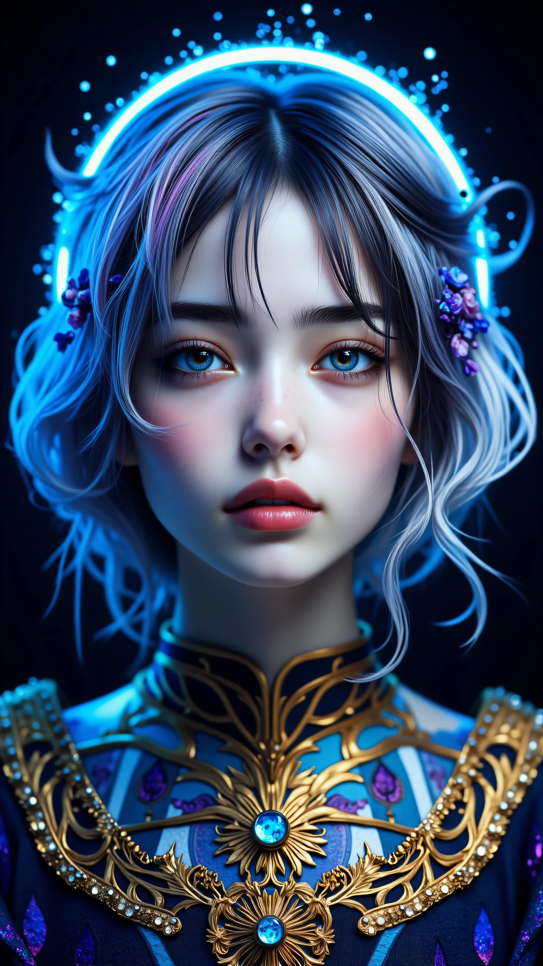 8k, Masterpiece, Top Quality, Close-up, frontal, serene, pale blue skin, gold metallic, ornate, armor, jewelry, cloud-like, floral, blue, purple, closed eyes, serene expression, dark background, bright halo, neon, multicolored streaks, energy, cosmic, cool, blues, purples, golds, detailed, realistic, fantastical, smooth, reflective, mystery, otherworldliness.