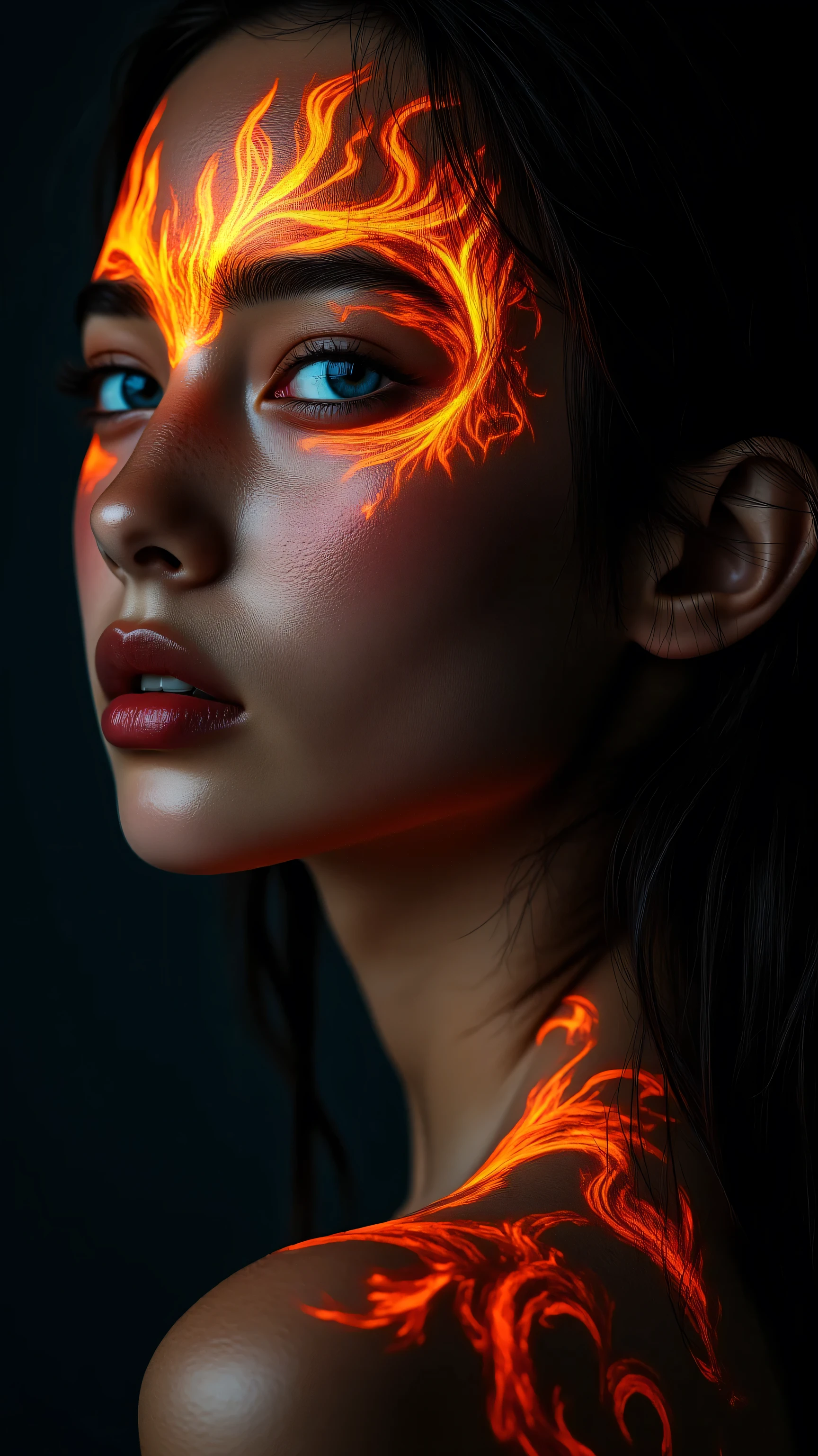 8k, Masterpiece, Top Quality, Close-up, woman, intense expression, glowing orange mask, body paint, flame-like patterns, blue eyes, dark background, serious, ethereal, surreal, fantastical, dramatic lighting.