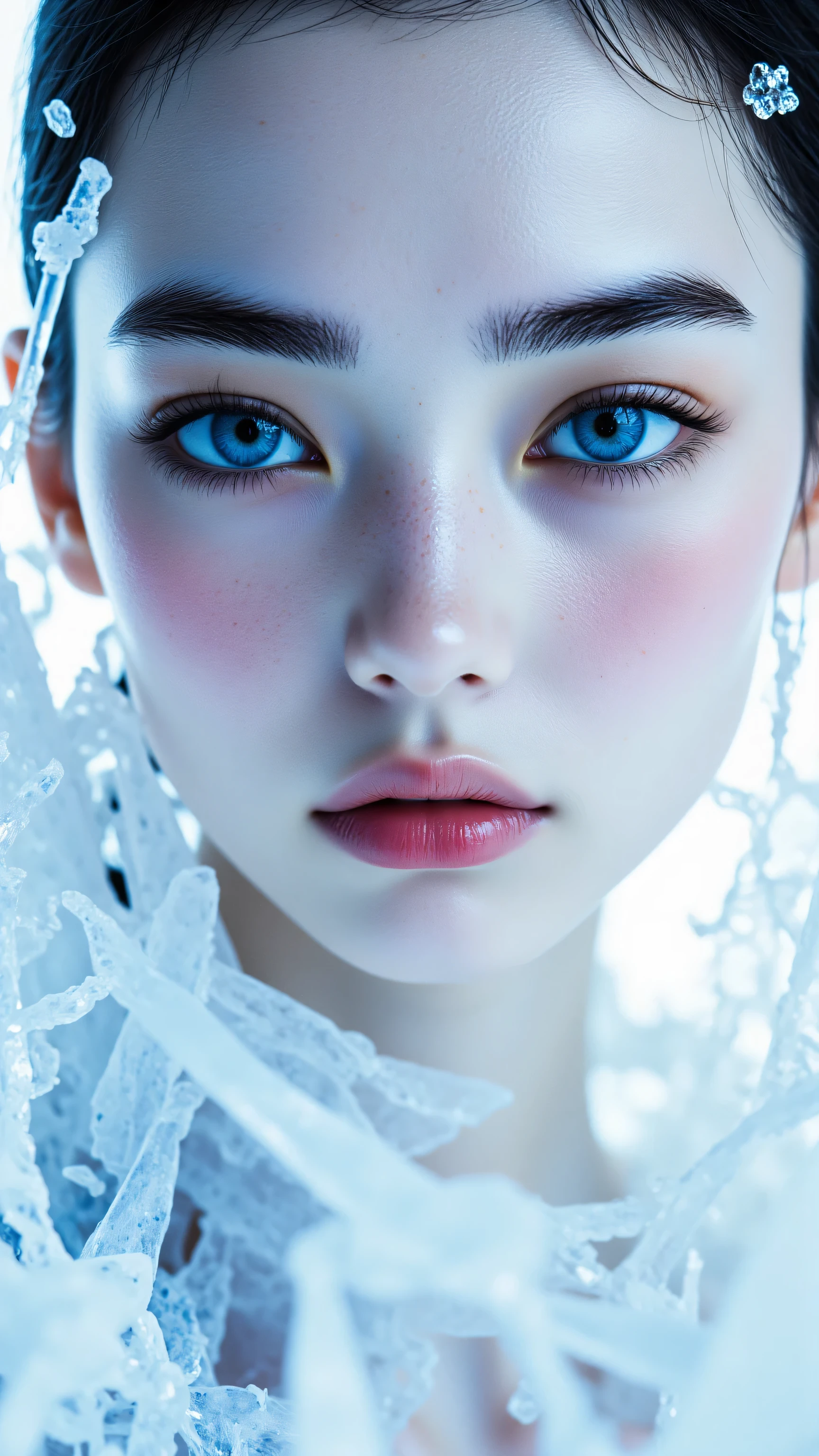 A close up of a woman with blue eyes and a white dress - SeaArt AI