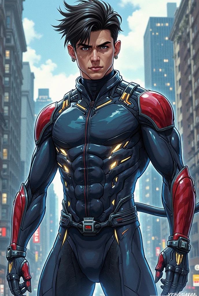 ((Photorealistic photography)) hyperdetailed beautiful full-body erotic photo of SHIRTLESS ((scrawny)) ((Sexy twink Tom Holland)) cyberpunk, with brown hair, detailed skin, detailed face