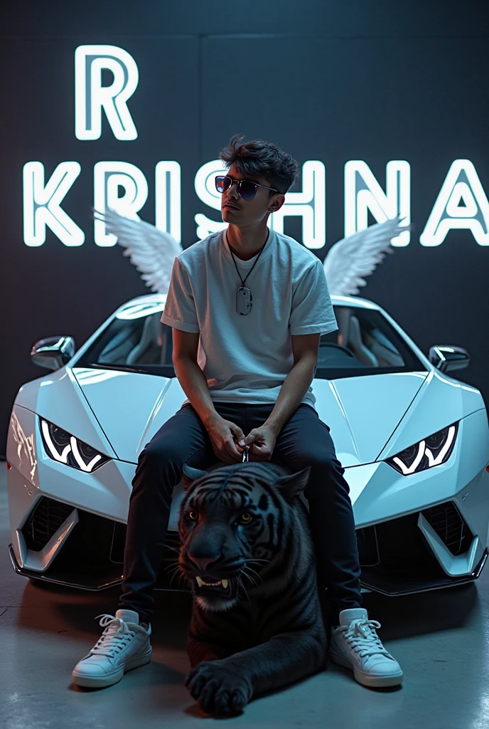 create a realistic profile picture where a 25 year old boy attitude BOY in a red dress and sunglasses sitting casually on a wingback indian flag color Super car, wearing sneakers, with black mask, and sunglasses, be looks ahead, the background features SUNDARAM in big and capital in yellow neon font on the dark grey wall, there should not be his shodow, and there are wings to make it appear as if be is an angel.

 Join Telegram