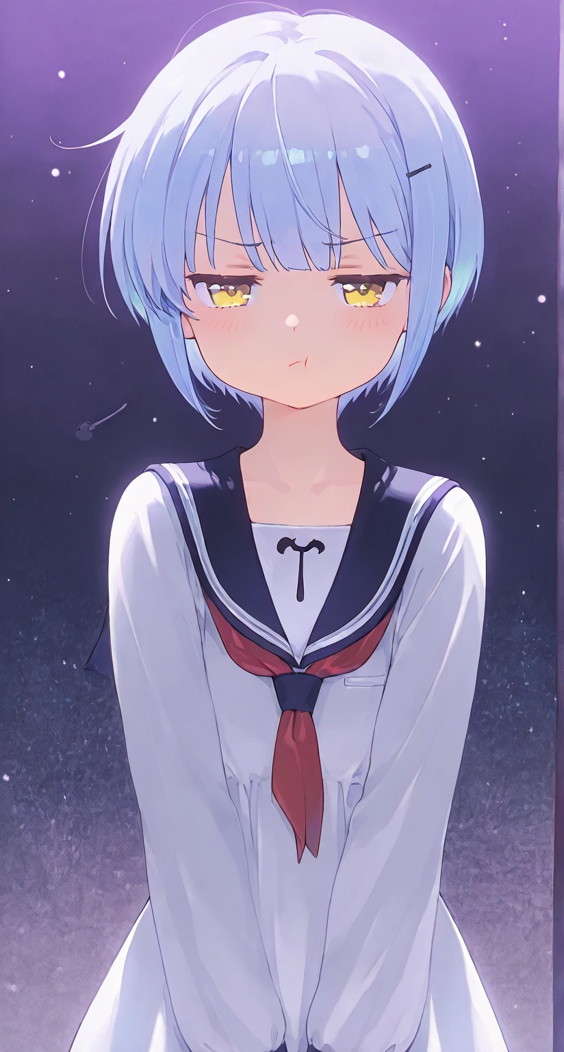 best quality,masterpiece,dramatic lighting,1girl,ayanami rei,skirt,(cetus.orion),solo,blue hair,black socks,flower,short hair,school uniform,red ribbon,hair ornament,socks,ribbon,red eyes,shirt,blue skirt,short sleeves,squatting,neck ribbon,white shirt,serafuku,kneehighs,sailor collar,bandages,pleated skirt,hair between eyes,white flower,bangs,sky,closed mouth,tokyo-3 middle school uniform,space,star (sky),(solo:1.5),<hypernet:Cornflower_Mirage:0.3>,