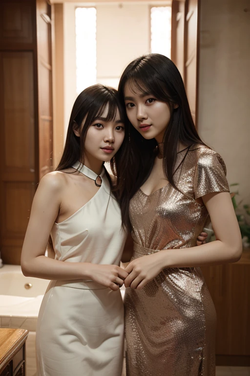 Realistic, 8k, masterpiece, RAW photo, best quality, photorealistic, extremely detailed CG unity 8k wallpaper, Depth of field, Cinematic Light, Lens Flare, Ray tracing, (extremely beautiful face, beautiful lips, beautiful eyes), intricate detail face, ((ultra detailed skin)) high quality, Potrait of one man in a suit(in the middle) and one girl with luxury dress, standing, perfectly proportioned, intimate, Lovers, close to each other, perfect anatomy, perfect background, perfect face, perfect body, detailed face, detailed face, (Moody luxury hotel bedroom:1.1)、Romantic warm lighting at night、