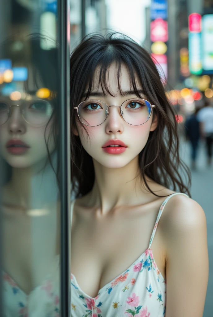 (SFW:1.8、masterpiece, highest quality), 1 Japanese girl, alone, Realistic, Looking at the audience, Light Black eyes:1.4, with highly detailed shiny hair, Lepangas:1.4), Mouth closed, Big Breasts eye、eyelash, Chest cleavage:2, (((Beautiful and cute bangs:2、Jet Black Hair:2, Add highlights to the eyes:1.4, big chest, Glowing Skin:1.4, Looking at the audience, She is very 美しい and cute, Show me your ears, Beautiful long neck, Please close your mouth and laugh, Ideal body type, Beautiful long neck:1.4, ((Transparency, clear, Transparent beauty, Gloss)), Perfect Anatomy, ((Portrait, Attractive woman)), 26 years old, Bun Hair, Medium Hair, Shiny Hair, longeyelashes, solid circle eyes, glossy lips, ear blush, ccurate, ((wear white color Tank Top)), cheeks are red, anatom, ((wearing glasses)), ((it's raining)), ((Camera angle is From Behind)), ((Posing is Lotus Position)), Hyper realistic, anaglyph, stereogram, pov, atmospheric perspective