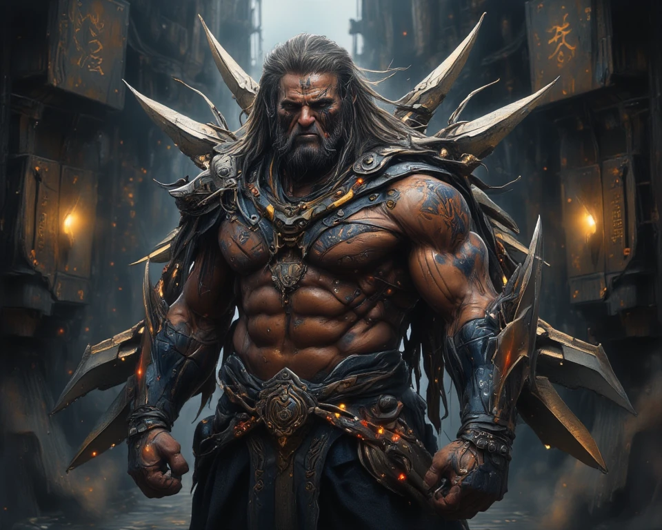 photo of the most beautiful artwork in the world featuring soft lustrous male hero, ((epic heroic fantasy muscular men rugged wet wounded hero angry looking with long hair and long beard and fierce looking in a dynamic posture dying on the floor, fantastic location, majestic cluttered environment)), full body 8k unity render, action shot, skin pores, very dark lighting, heavy shadows, detailed, detailed face, (vibrant, photo realistic, realistic, dramatic, dark, sharp focus, 8k), (weathered damaged old worn leather outfit:1.4), (intricate:1.4), decadent, (highly detailed:1.4), digital painting, octane render, artstation, concept art, smooth, sharp focus, illustration, art by artgerm, (loish:0.23), wlop ilya kuvshinov, and greg rutkowski and alphonse mucha gracias, (global illumination, studio light, volumetric light), heavy rain, particles floating