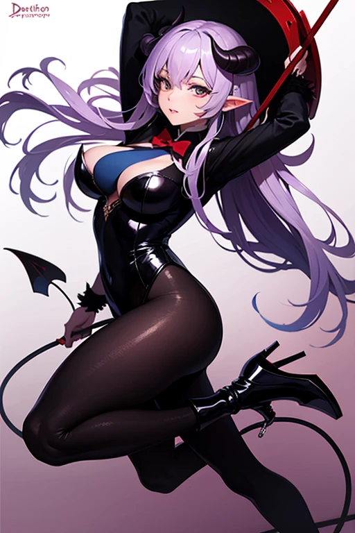 masutepiece, Best Quality, hight resolution,Blue hair,1girl in,Original girls,Colossal tits,fullllbody,Diabolical,circus,Have a whip,hunter,military outfits,demonic horns,Devil's Tail,sharp claws,deadpan