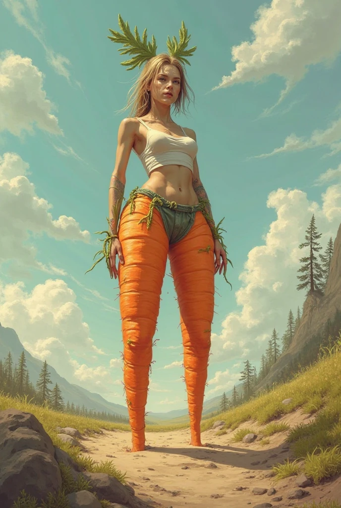 Beautiful Caucasian woman with light red hair and green eyes and freckles on her face hugging a giant carrot, Trend in CGTacing:, pose atraente, cenouras, hyper real render, Pose casual segurando cenoura gigante, bunda forte, Coxas Fortes, seios grandes, cintura fina, pele cara, sardas no rosto, gogo dancer, mini saia curta, realista, top e shorts curto streetwear, cabelo ruivo claro, shorts curto, mini saia curta, mulher voluptuosa, sexy, Top e Shorts, shorts despojados, cor de cenoura , Ross Tran 8 K, Amouranth, Sorriso aberto.