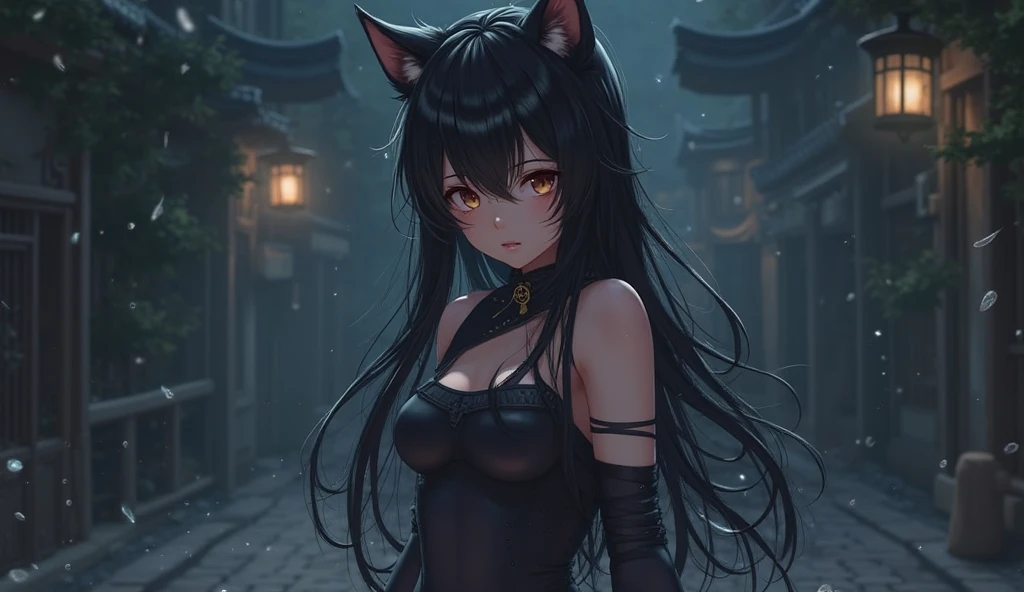 NSFW、One Girl、(20-year-old woman)、Cat ears headband、Cat tail、Black enamel high leg suit、Ultra-thin suit、Skin is transparent、Cat Pose、Black cat、Back alley at night、Green Eyes、Beautiful eyes、Laugh with fangs out、Faces aiming for prey、Looking from above