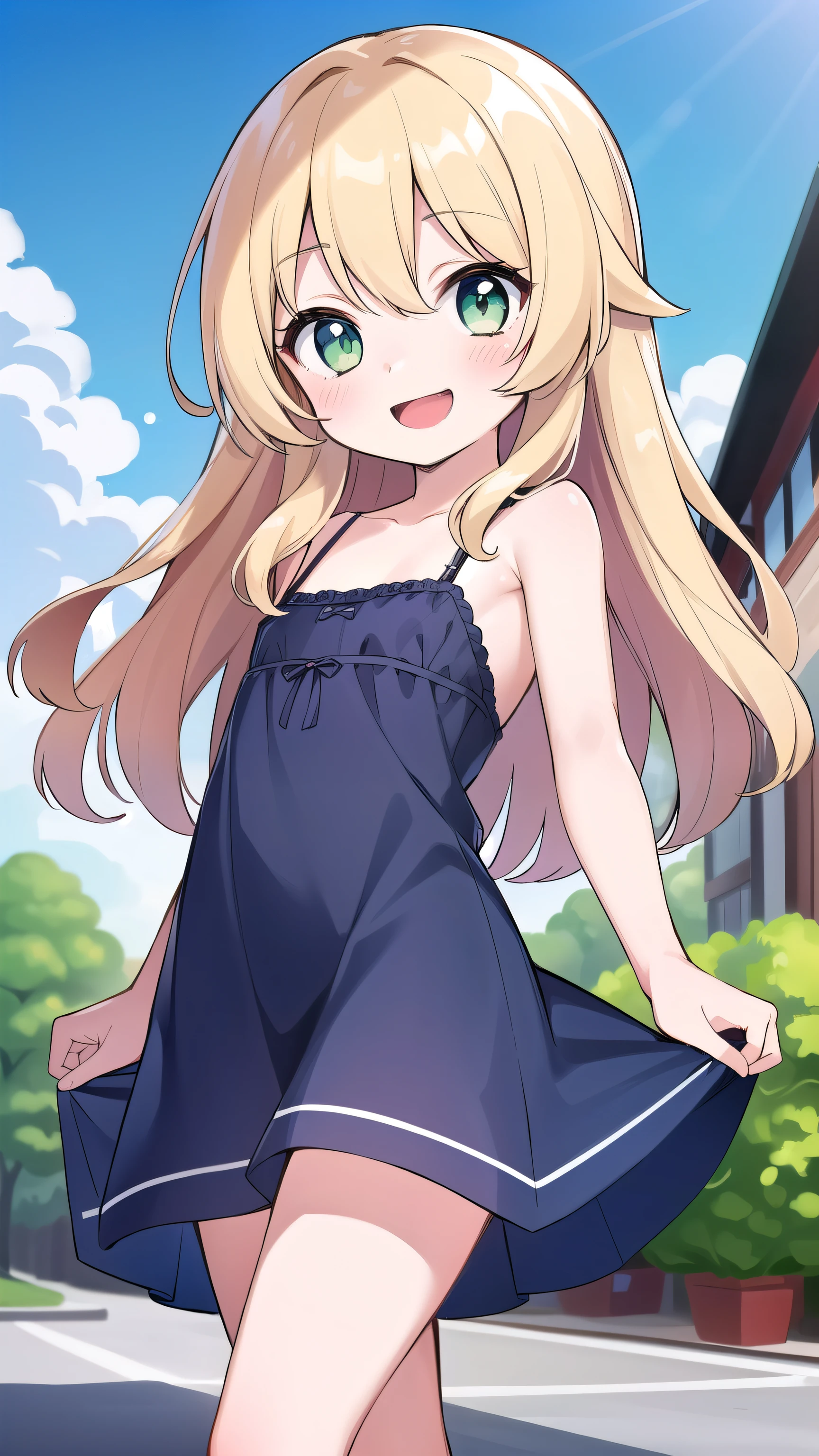 Blonde, elementary school student, green eyes, long hair , elementary school student, kind smile, park, short, 9 years old, 135cm tall, blue sky, hair hanging outside,chemise,(bottomless:1.5),flat chest ,pussy are visible