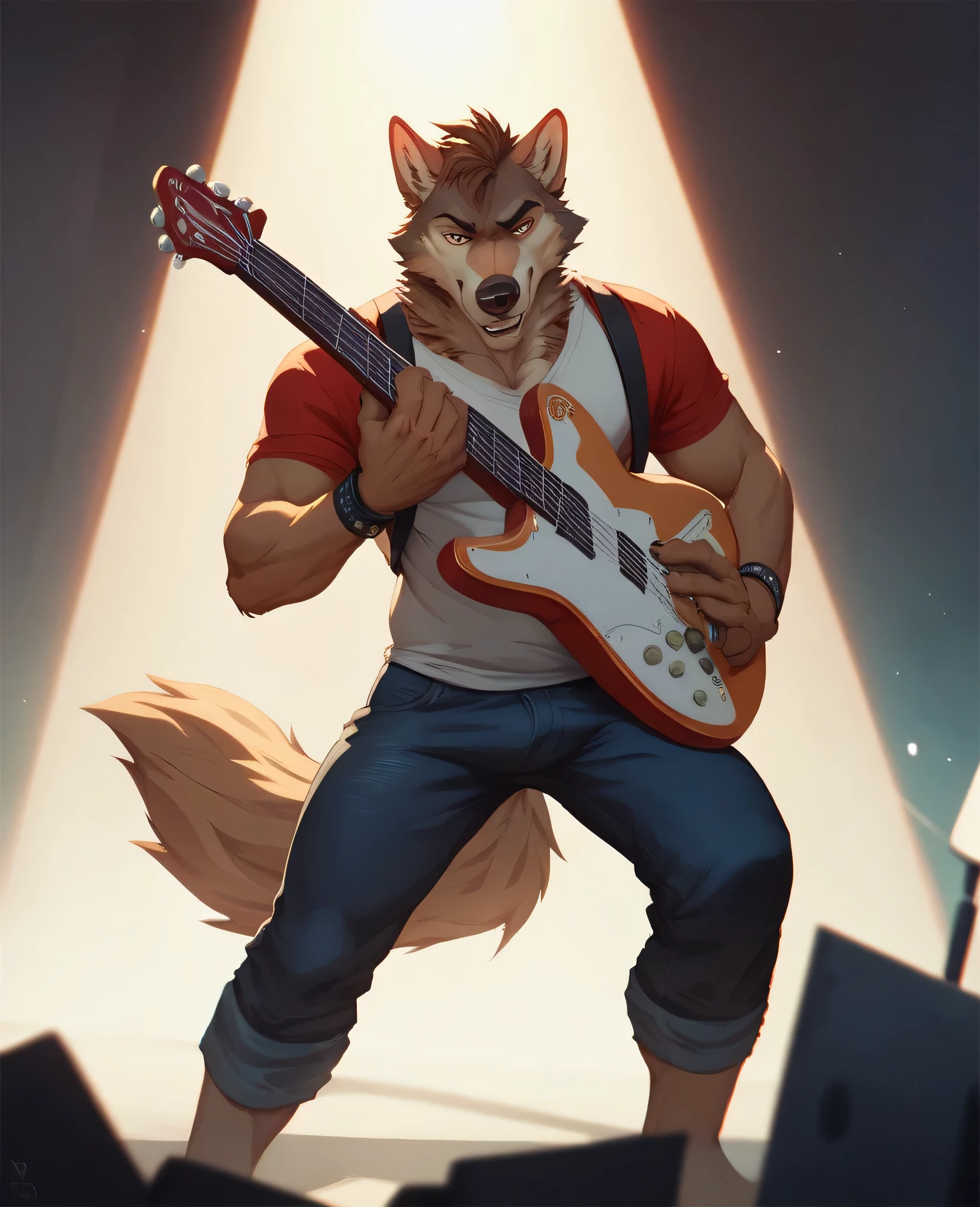 Anthropomorphic, wolf, male, lean, busker, position (Rock style Band, holding a guitar and playing it, holding F code, standing up), background (street busking, spotlight on him), solo.