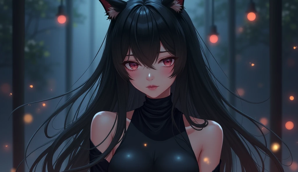 An adult woman, half wolf, black and red ears, ears down, red eyes, black and red hair, wide breasts, white dress