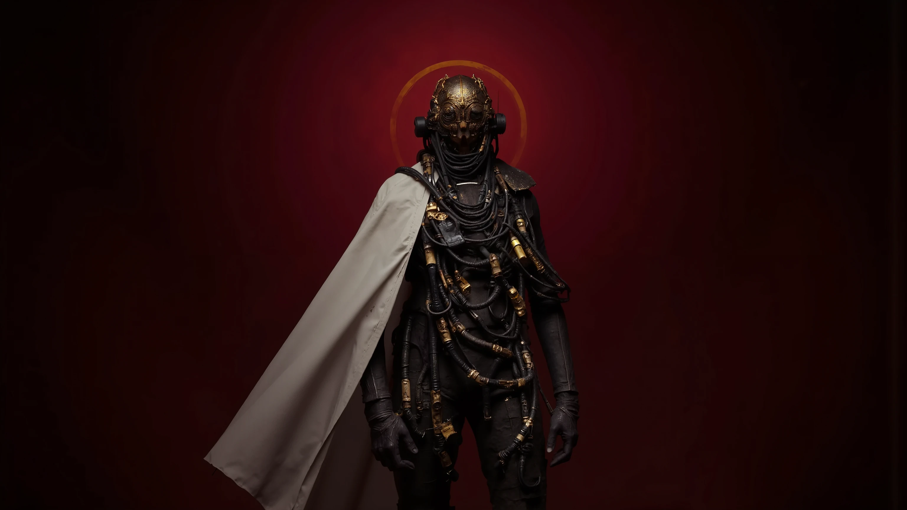 Sexy pretty girl ,tall,with black pipes and gold circuit textures on its body armor,white cape,The image is a concept art piece that appears to be highly detailed and sharp. It showcases a humanoid figure made of intricate mechanical parts visible in the center. The figure seems to be made of metal and wires with various tubes and components intertwined. The background is dark putting emphasis on the figure. The medium appears to resemble a digital painting or a highly detailed illustration rather than a photograph or traditional art forms.Science Fiction,metal texture,大Wide-angle composition。A sense of emptiness in the scene,Sacred,The background is a blood red sky,There is a thin golden ring in the sky,The scene is big and empty,A sense of emptiness in the scene,Sacred,on the body creates a sense of depth and perspective, Dark Tones,Film composition ,Wide-angle composition,Movie lighting ,Art by Piotr Jabłoński,drk4rt,Billie Eilish
