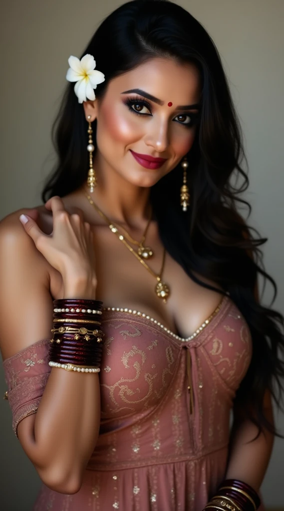 A woman wearing a tight sky blue chudi with pink leggings showing her cleavage