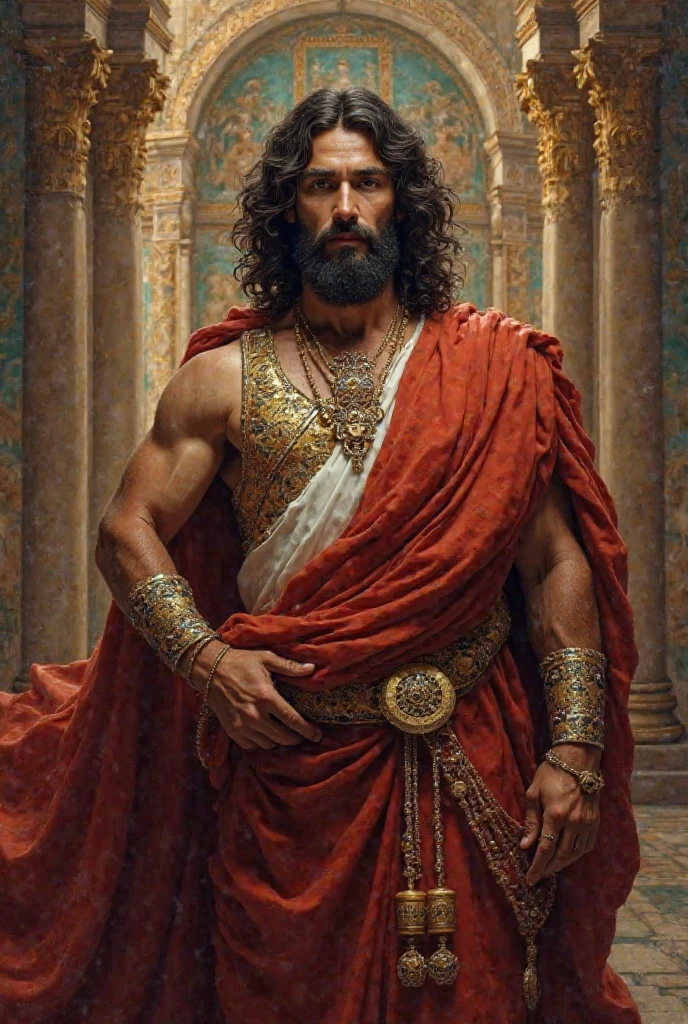 Create the image of Hercules! darkskin, long, dark hair down to the shoulders, not very strong body,  Square face, Arabic features, eyes browns, gold bracelets, and turquoise blue robes 