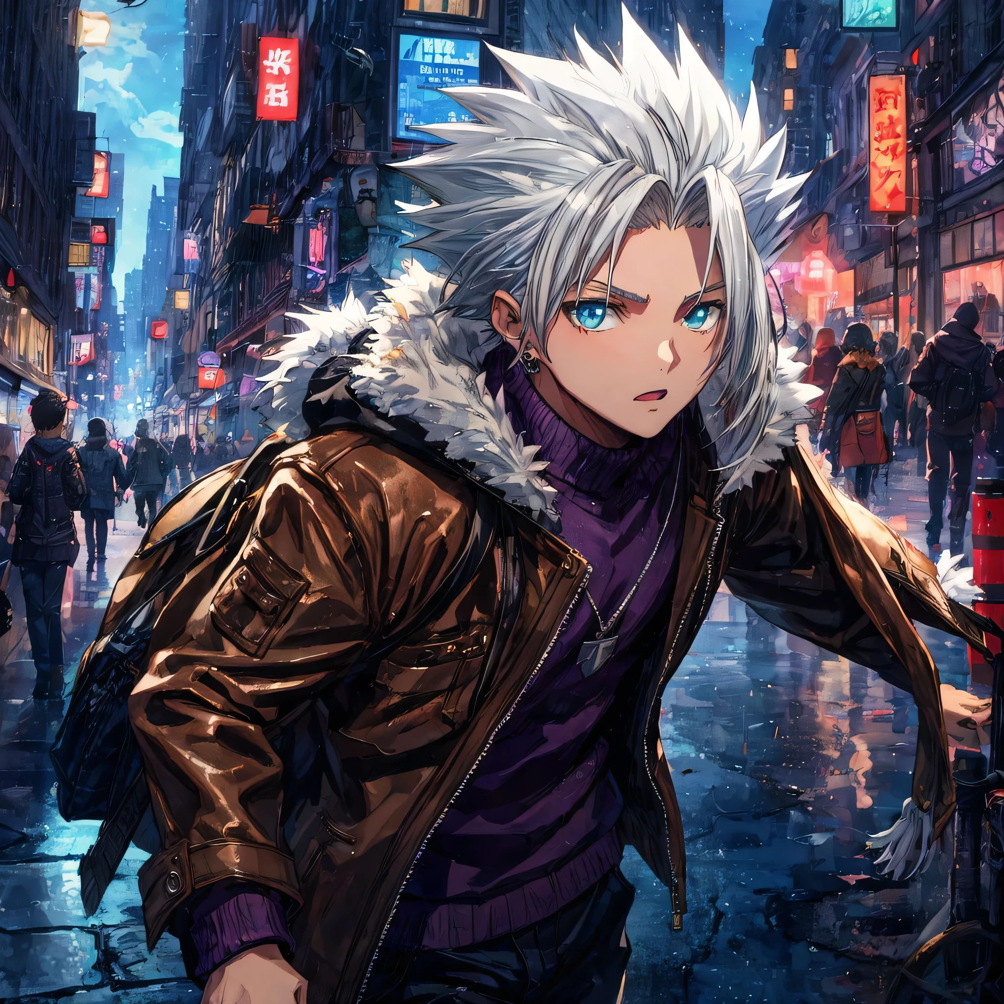 One Lean boy with Messy Brown Hair , Toshiro Hitsugaya Hair, wearing a Purple Sweater Under Jacket, Thin Build , Brown Leather Jacket with Fur Hood, Silver Jewelry Accessories, Amazing Quality, Detailed City Background, Perfect Quality, Perfect Generation, Perfect Eyes