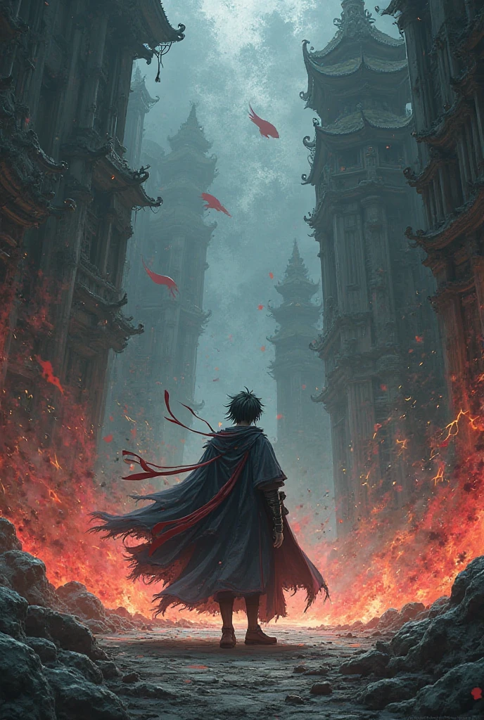 masterpiece, best quality, (cassock), (clergy), ultra-detailed, gothic city, (((adult male))),serious face, ((red eyes)))), whole body, ((((male))), looking at the viewer, blood, holding cross, red chalice Holy Grail in the illuminated sky, rainy night, gothic, adult, liquid blood spear, evil, blood rain, village background on fire, simple clothes, dead eyes, 1boy, hair with 2 colors:  black and white, heavy rain, red fire, eyes in every corner, evil, destruction, ultimatum