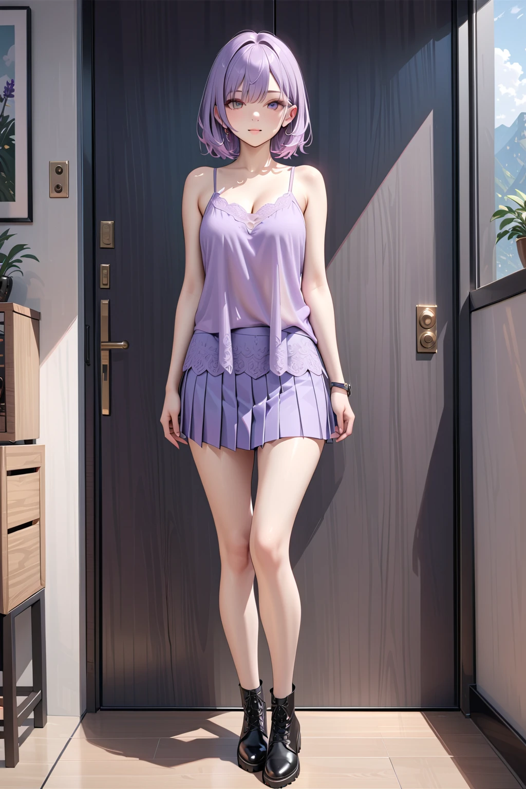 1girl, solo, full body portrait, white camisole vest, high heels, yoga attire, bare legs, masterpiece, best quality, realistic, ultra-detailed, (shiny skin, sweating: 1.4), looking at the audience, light blue short hair, red eyes, slender, dynamic light and shadow, high resolution, sharp focus, depth of field, fine eyes, sharp pupils, realistic pupils, (C cup: 1.2), (skin white: 2.0), (long legs: 1.8), (clothes transparent: 1.5), outdoor, sky