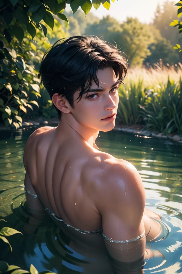 ((men only)), clean skin, handsome men, muscular, fullbody, Shirtless, thong, beautiful lake,( natural bulge: 1/2), HIGH quality, (Detailed face and eyes), (Face: 1 / 2), Noise, (high detailed skin:1.2), (best quality:1.5),remarkable detailed pupils