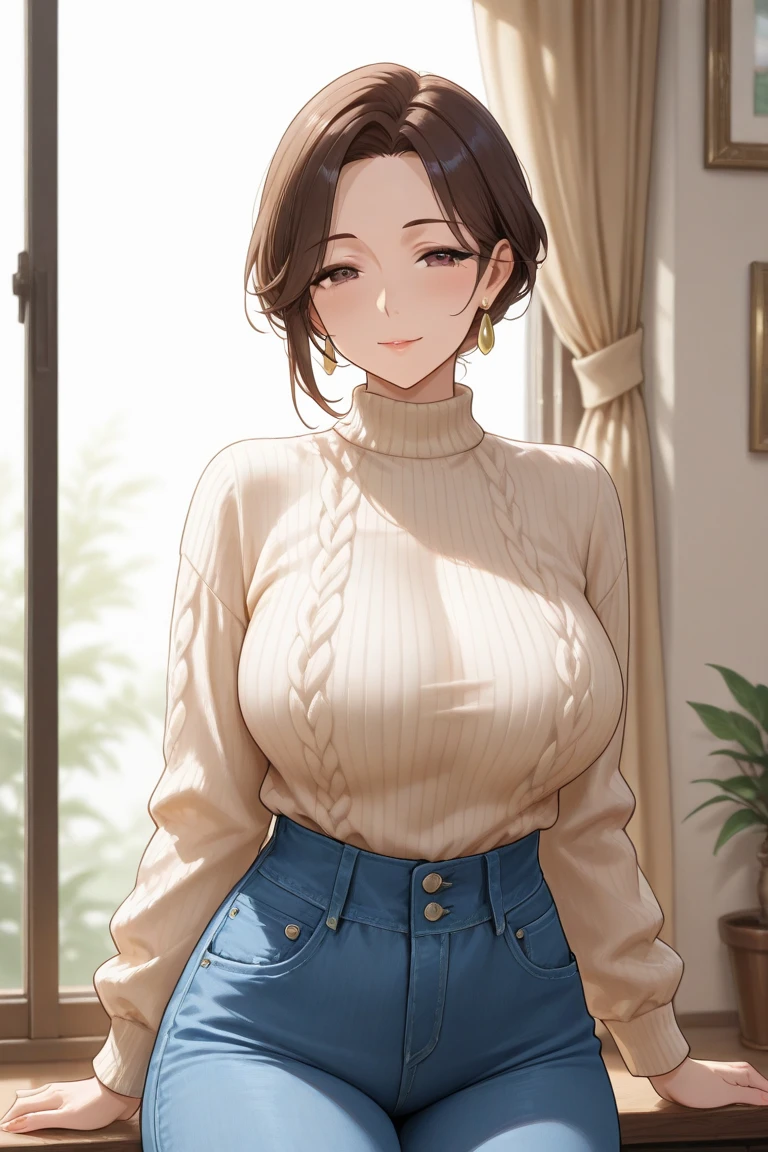 White knit dress、jeans、Big Breasts、tall、Brown Hair、ponytail、Sharp Eyes、Gal、A generous older sister、Smiling and putting her hands on her hips at the entrance to her house、One Woman