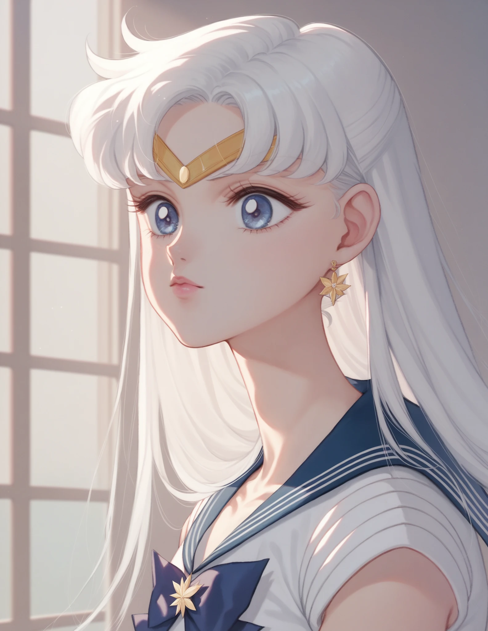 white girl (Sailor Moon) in fashionable clothes, Modern Japanese Fashion Clothing, white colored hair, Long white hair, gray hairs, Two bundles on the head, Odango hairstyle, pale skin, Cyan eyes , in full height, Against the backdrop of a Japanese night city