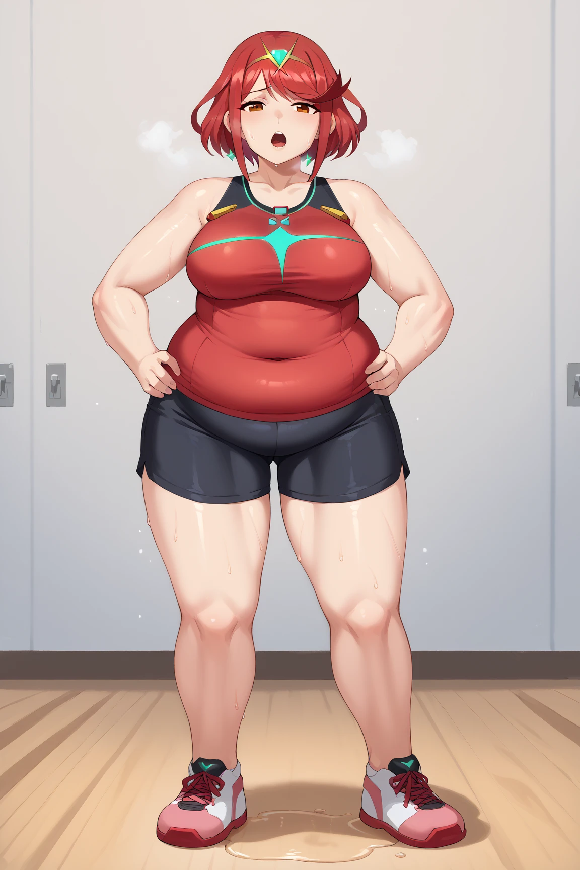 ((highres)), Masterpiece, high quality, best quality, beautiful, perfect lighting, detailed face, ultra cute face, ((1girl)), ((solo), medium red hair, messy hair, green eyes, freckles, ((blush)), seductive smile, hands on hip, looking at viewer, standing in a school gym, daytime, sweatpants, tank top, curvy, ((wide hips)), thick thighs, (large breasts), chubby, perky breasts, 24 year old female,